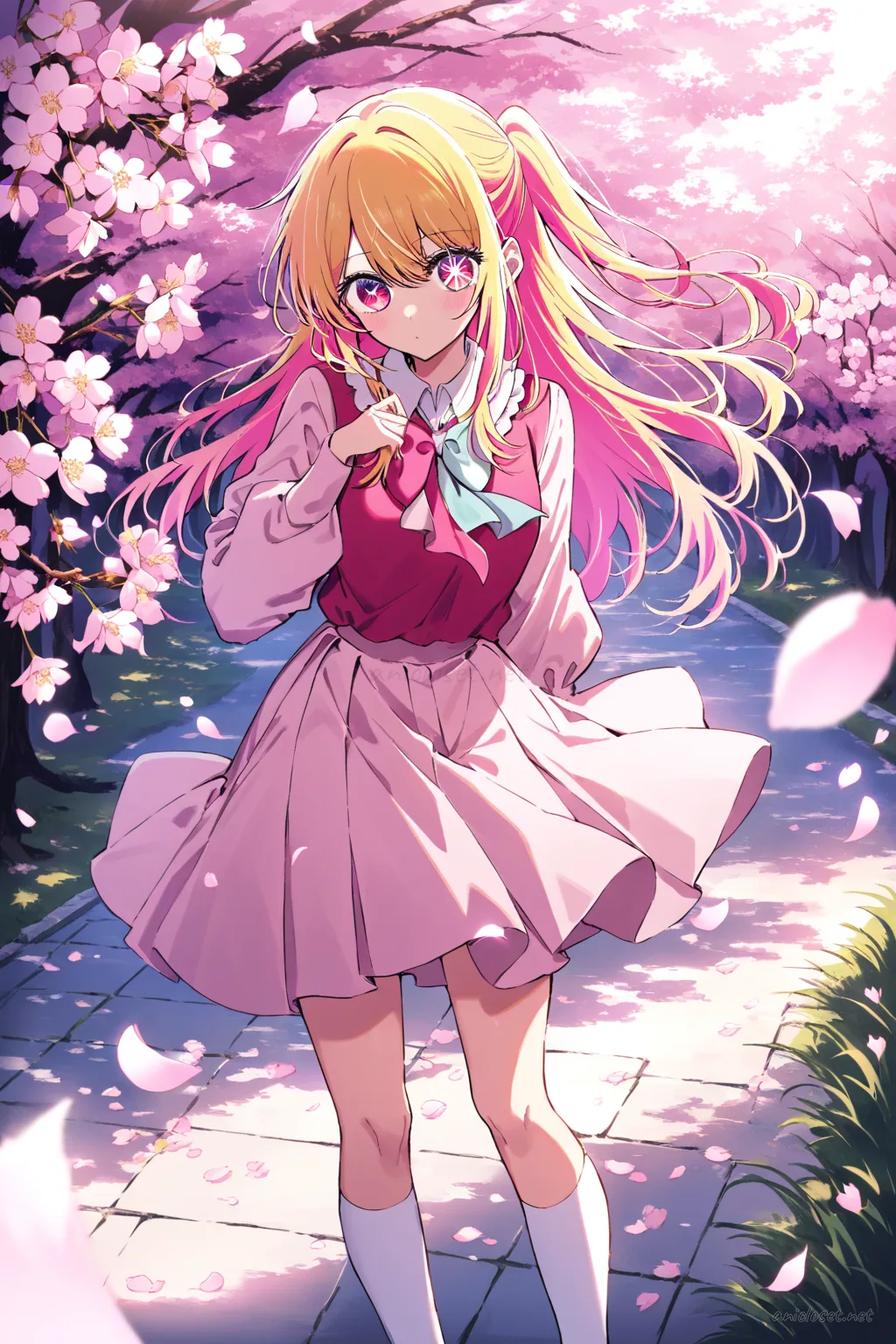 Full-body illustration of Ruby Hoshino in her signature pink dress with white collar and puff sleeves, over-shoulder glance amid cherry blossom petals in soft pink lighting