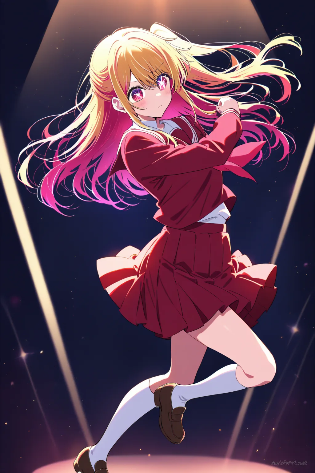 Illustration of Ruby Hoshino in red sailor uniform with white collar and red stripes, pleated red skirt, white knee-high socks, brown loafers, posed in weight-shift contrapposto under dramatic spotlight on dark stage