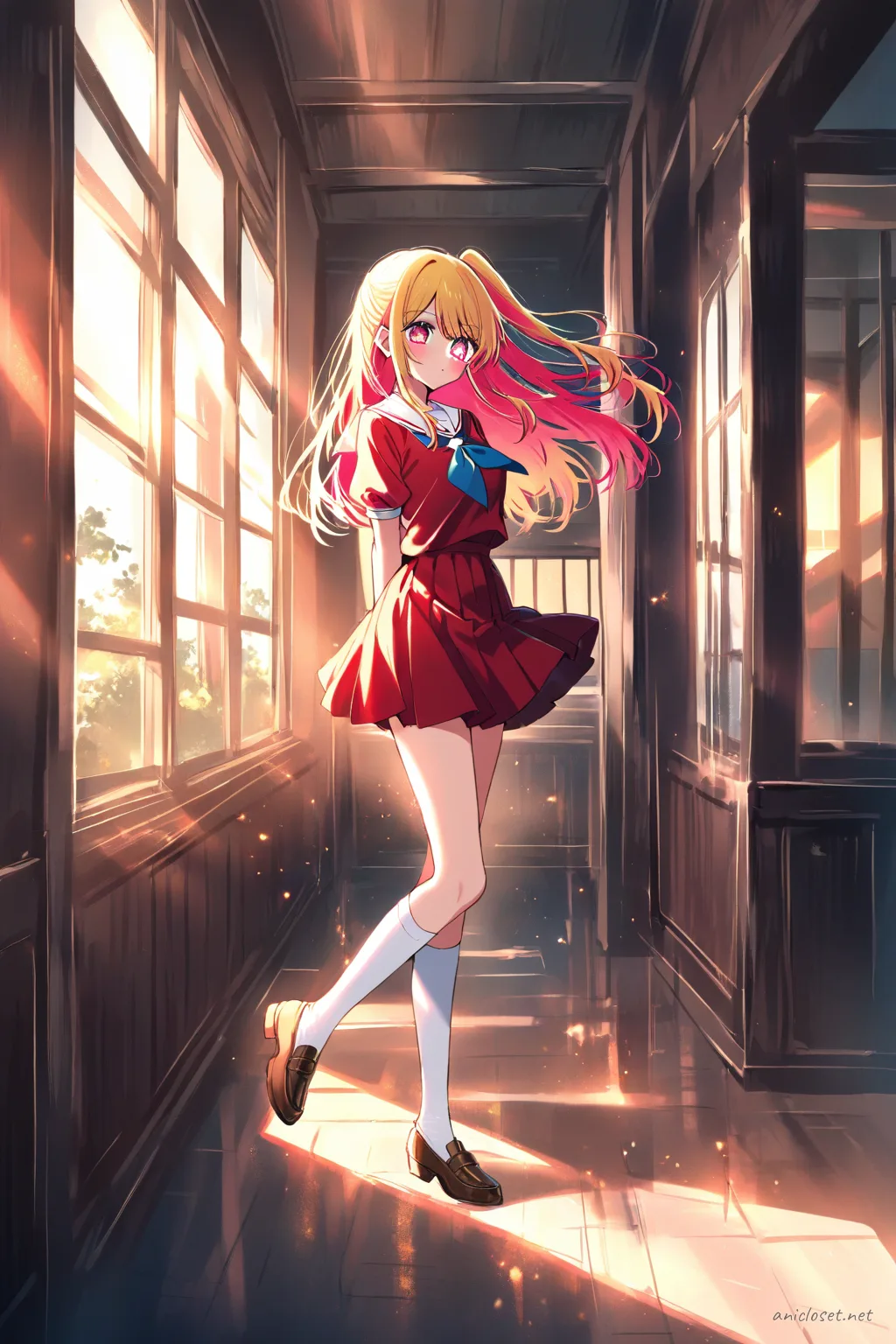 Full-body three-quarter view of Ruby Hoshino in red sailor uniform with white collar and blue neckerchief, arms behind back, illuminated by sunbeam through window with floating dust particles