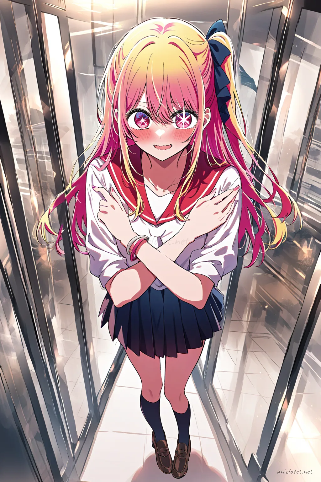 Full body illustration of Ruby Hoshino in red sailor collar, white blouse, pleated skirt, knee-high socks, brown loafers, hair ribbon, posing with peace sign amid confetti and festival lights