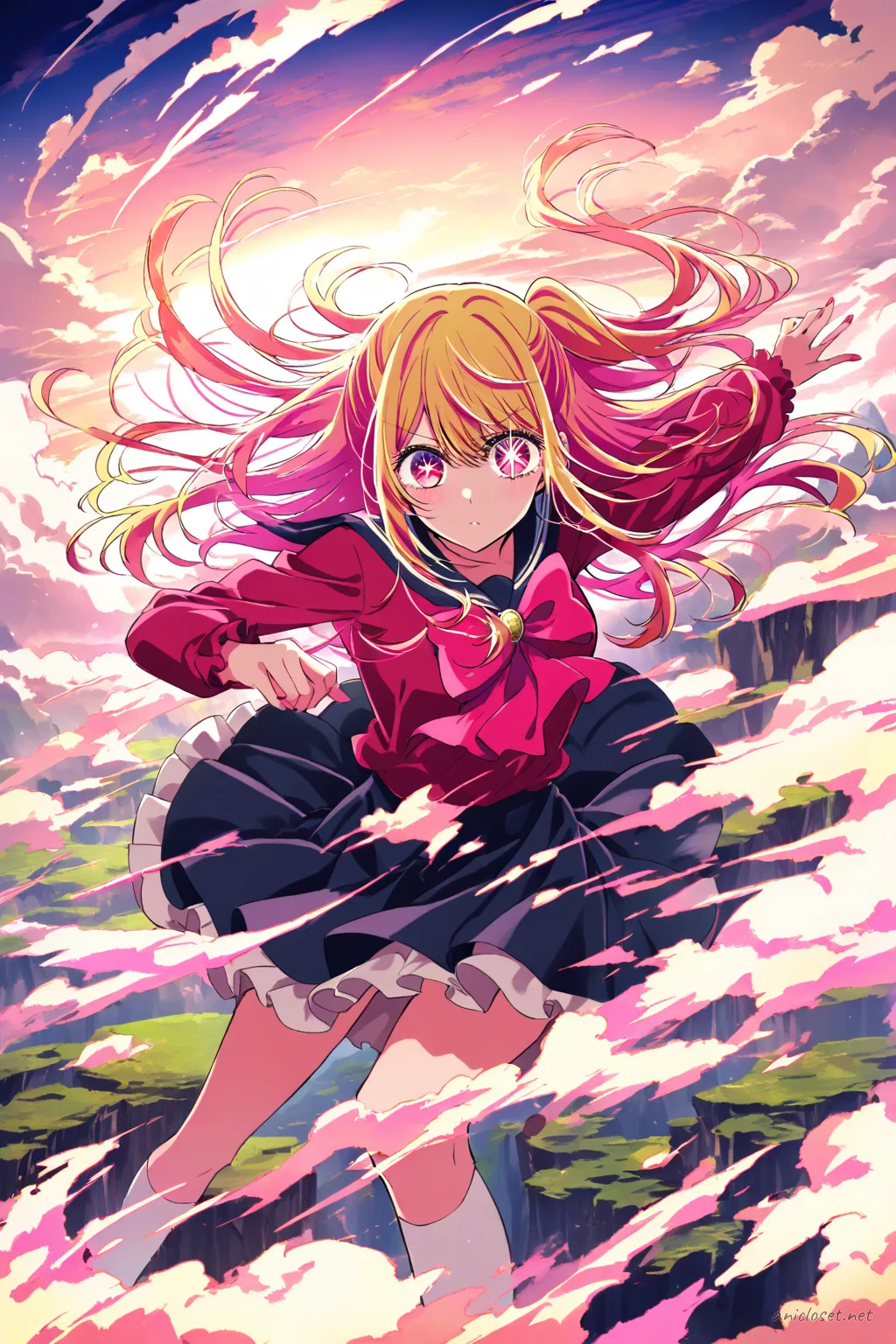 Full-body illustration of Ruby Hoshino in her Signature outfit with long-sleeve blouse, sailor collar, pleated skirt, bow tie, knee-high socks, and Mary-Jane shoes, posed on a cliffside under open sky with cinematic clouds, skirt blown by strong wind