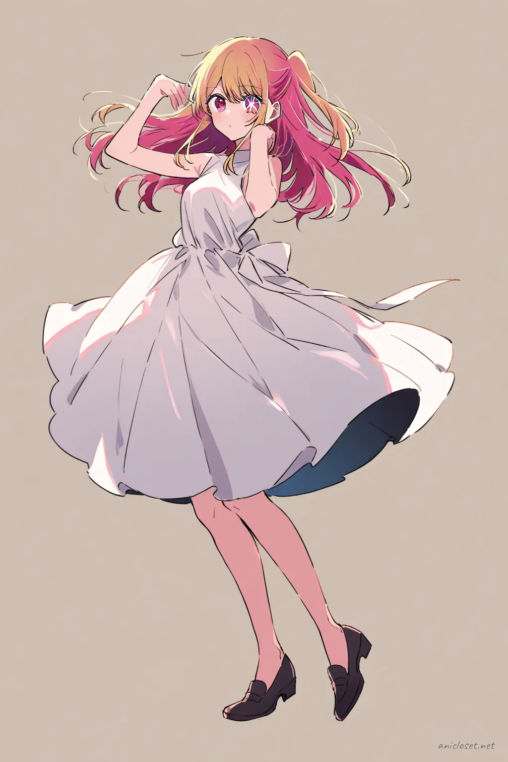 Full-body three-quarter view of Ruby Hoshino in a sleeveless knee-length dress with minimal accessories, standing pose on clean background