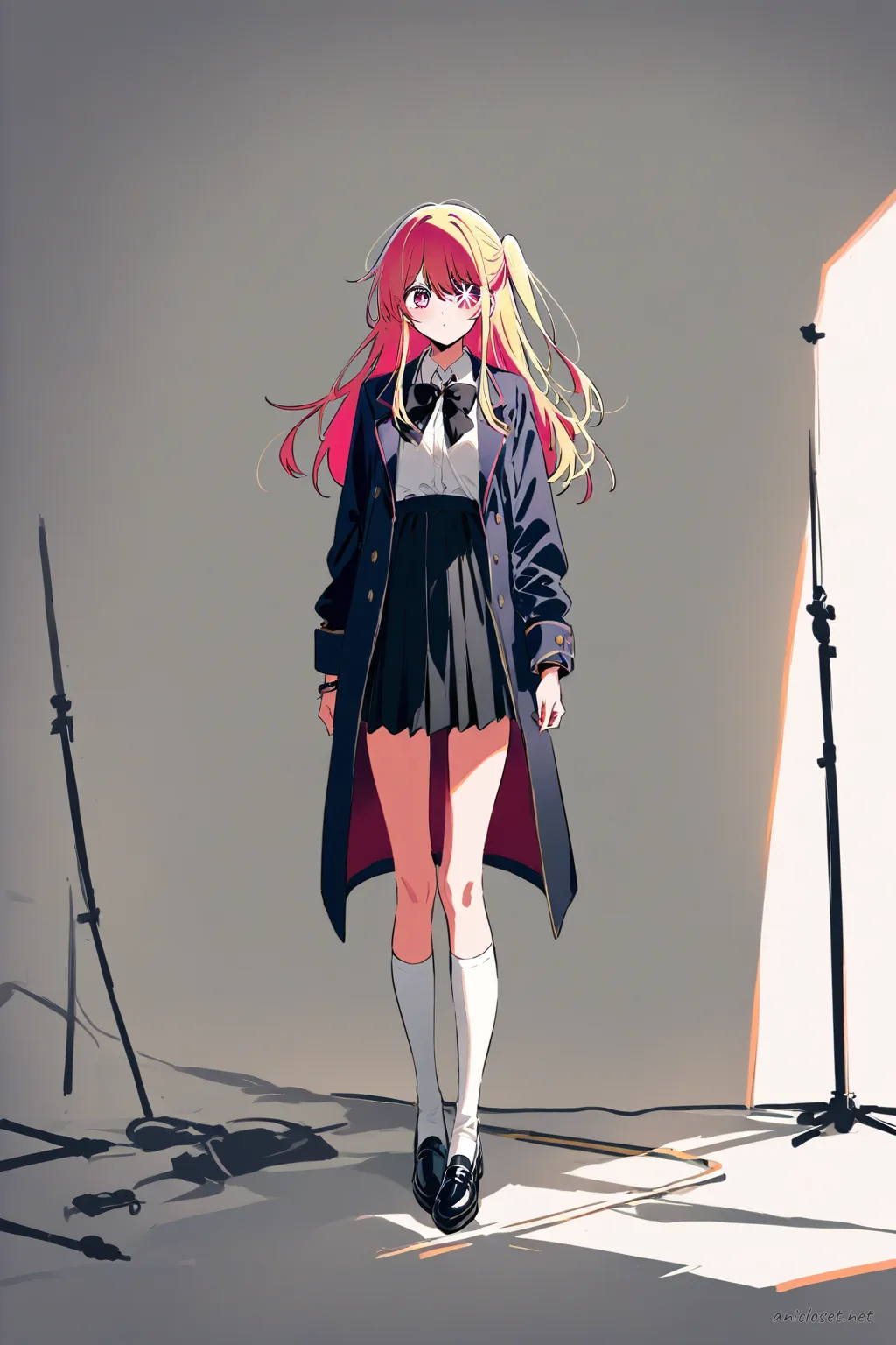 Full-body illustration of Ruby Hoshino wearing a simplified long coat, pleated skirt, knee-high socks, and Mary Jane shoes, posed front-facing against a clean studio backdrop with soft golden hour lighting.