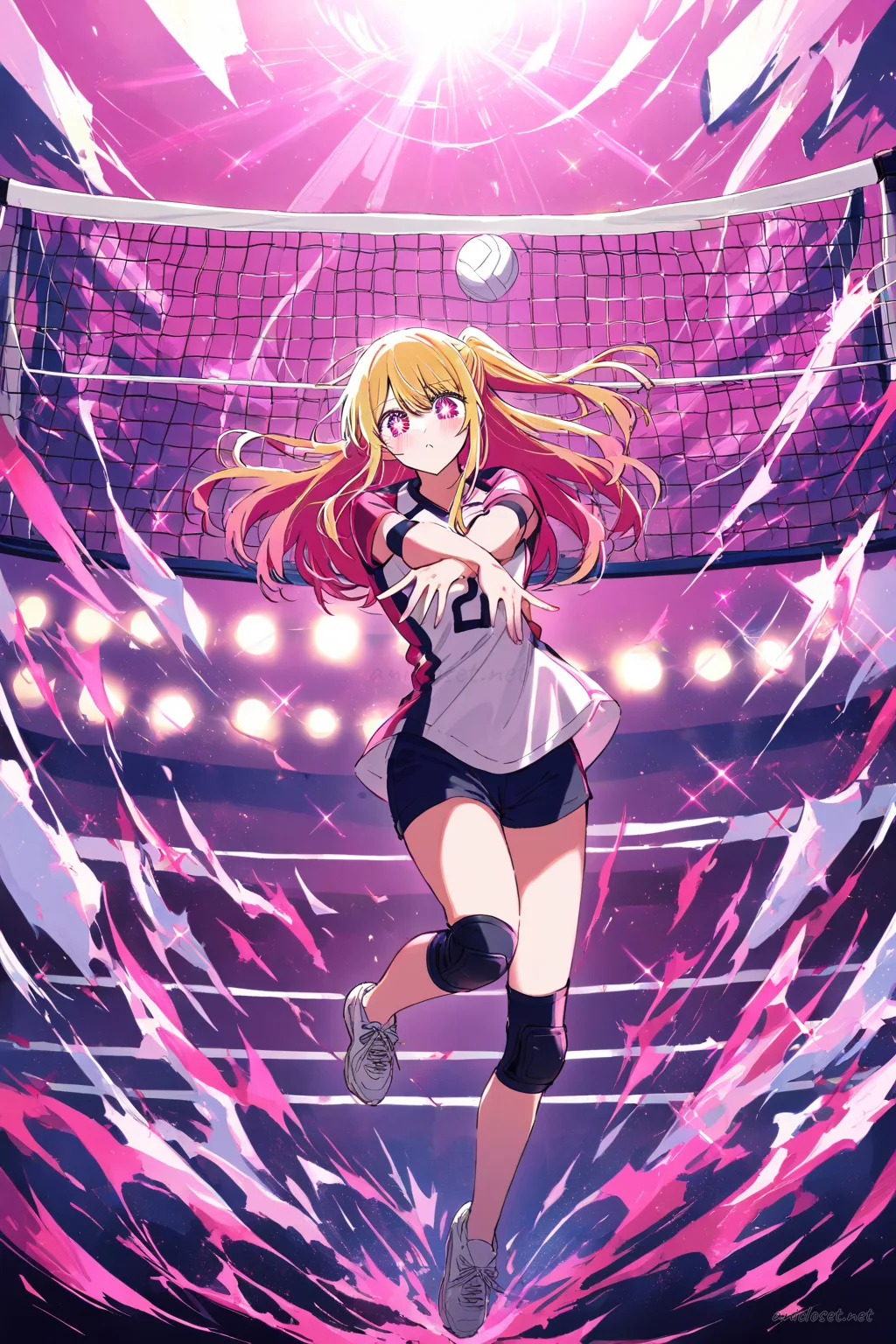 Full-body illustration of Ruby Hoshino in volleyball jersey and shorts, wearing knee pads and sneakers, posed on indoor volleyball court receiving a dig