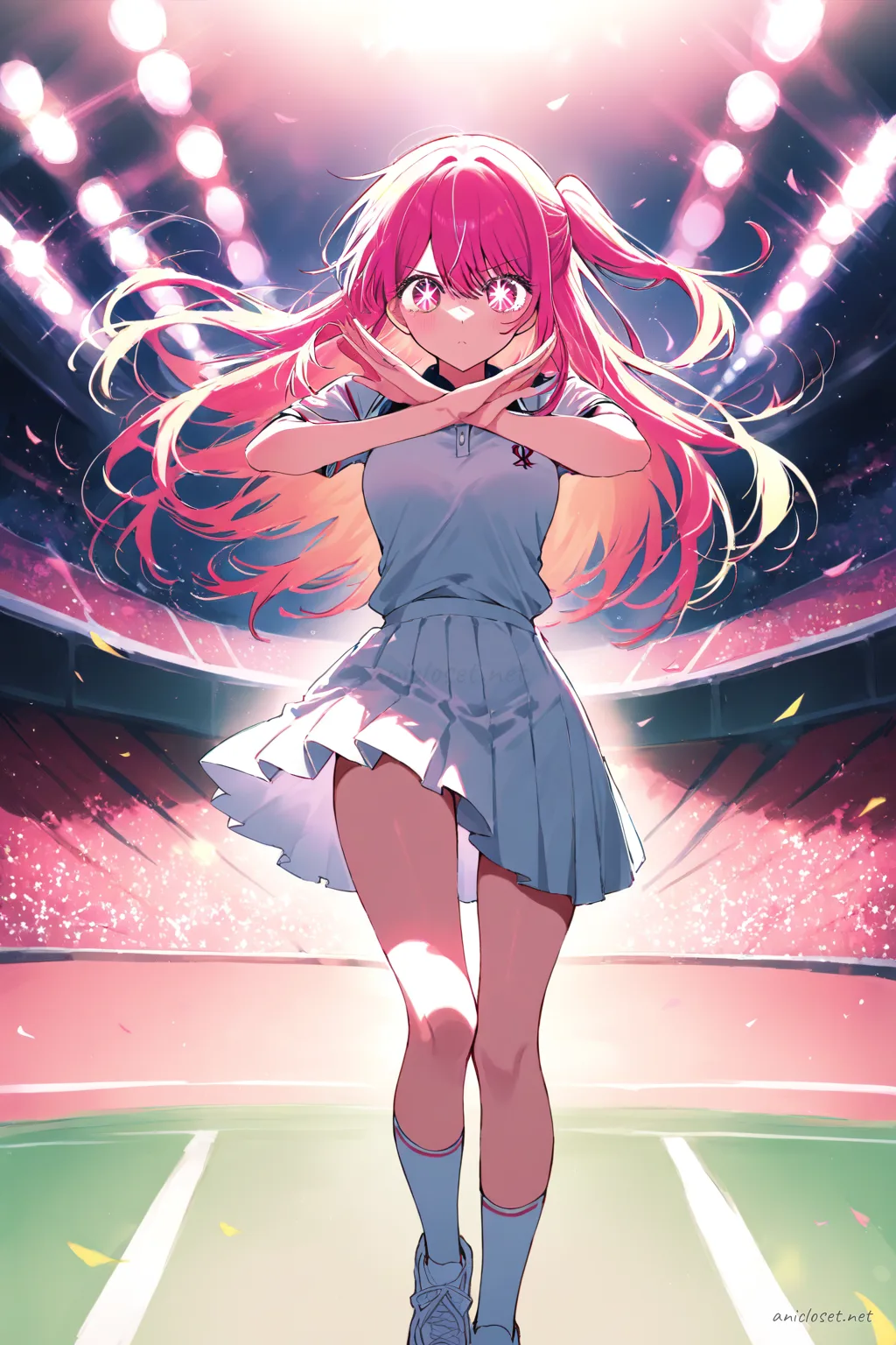 Illustration of Ruby Hoshino in fitted tennis polo, pleated skirt, and sneakers standing calmly on an outdoor tennis court