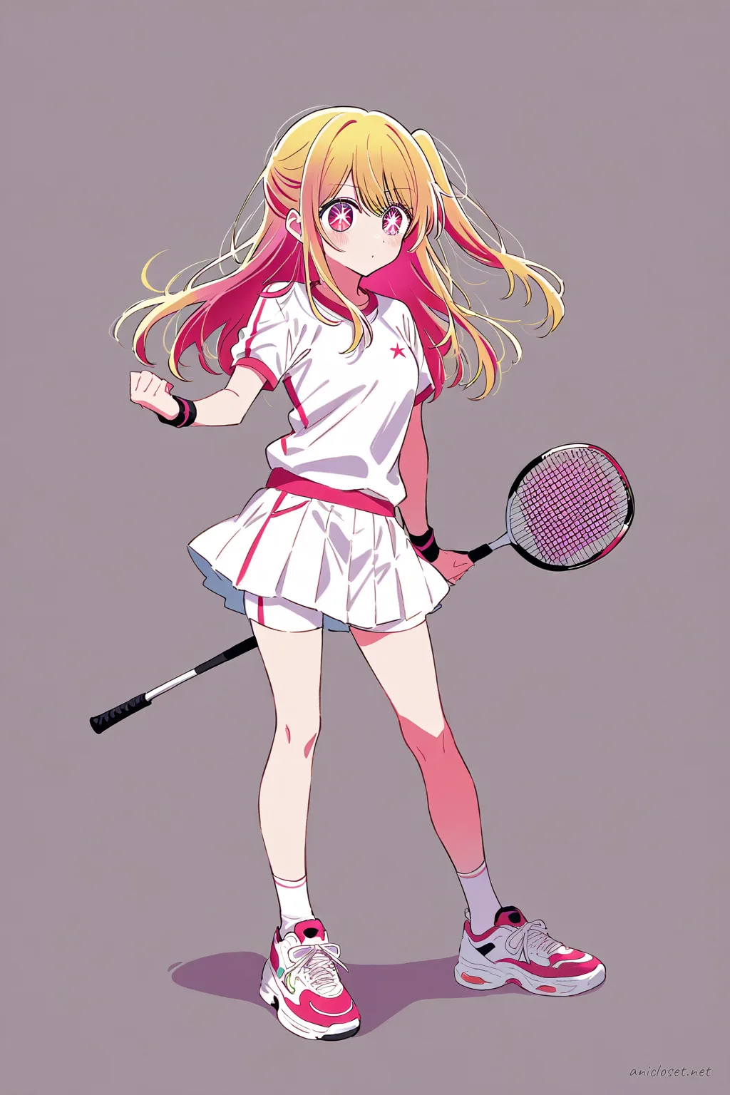 Full-body three-quarter view of Ruby Hoshino wearing badminton club sportswear with lightweight short-sleeve shirt, pleated skirt shorts, wristband, white ankle socks, and badminton shoes, holding a racket against a simple studio background