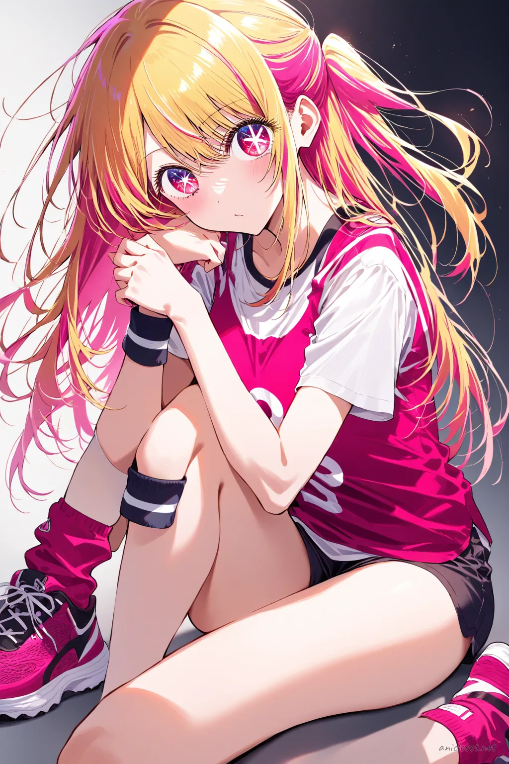 Illustration of Ruby Hoshino in a track club running kit with singlet, short shorts, number bib, and sneakers, shown knee-up with soft studio lighting