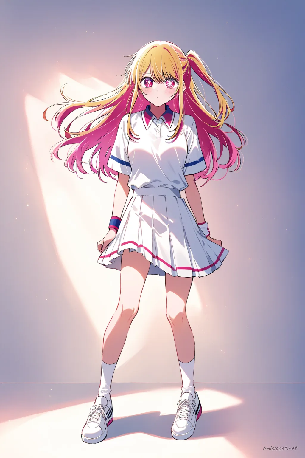 Full-body illustration of Ruby Hoshino wearing a soft tennis school club uniform with short pleated skirt, white polo shirt with colored collar trim, white ankle socks, white tennis sneakers, and wrist sweatband, standing against a clean studio backdrop