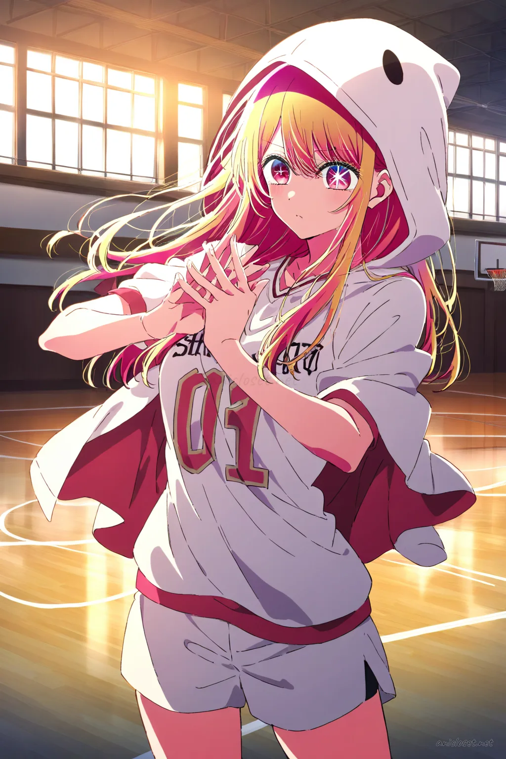 Ruby Hoshino wearing fitted basketball jersey and short tight shorts standing calmly on indoor basketball court