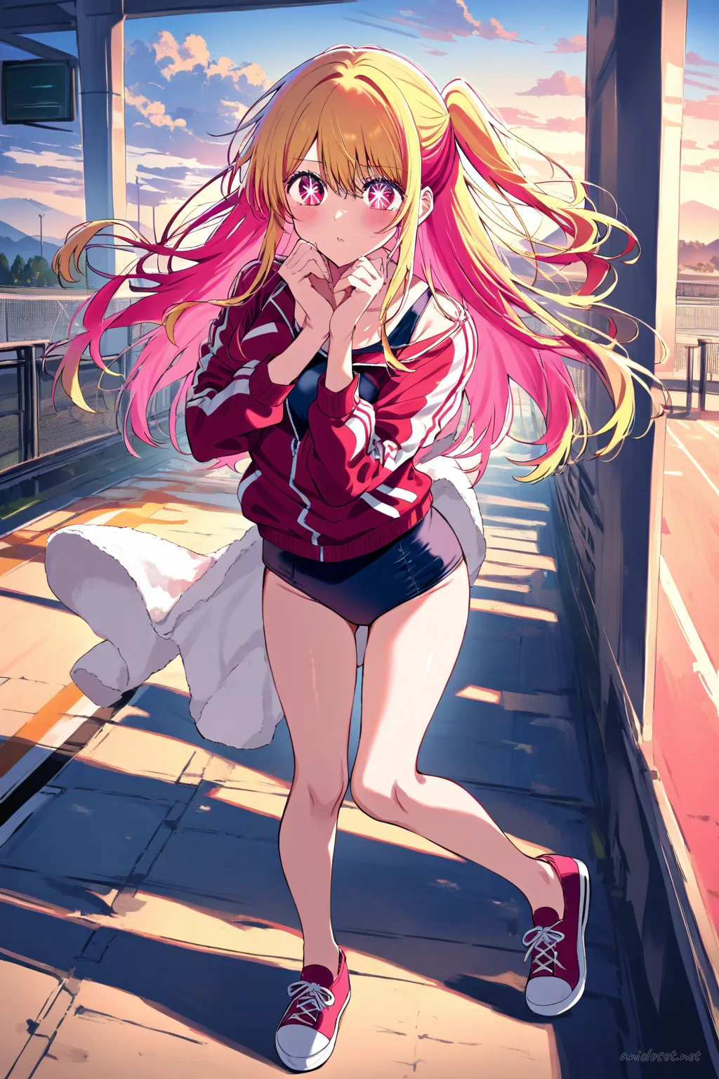 Ruby Hoshino wearing a team track jacket over a modest one-piece swimsuit, standing poolside with optional towel wrap