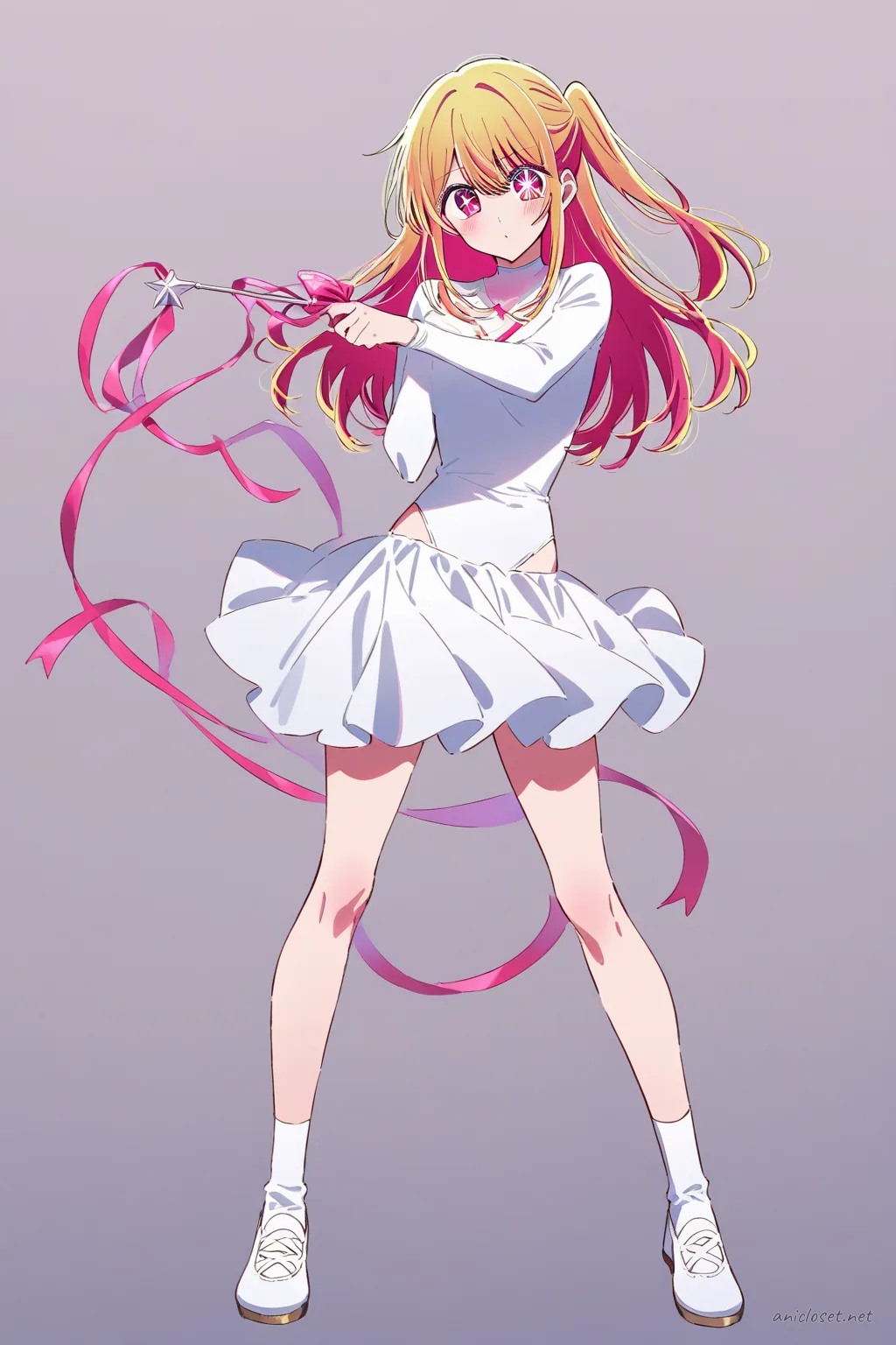 Knee-up half-body illustration of Ruby Hoshino wearing a rhythmic gymnastics leotard with short wrap skirt and holding a ribbon wand under soft studio lighting