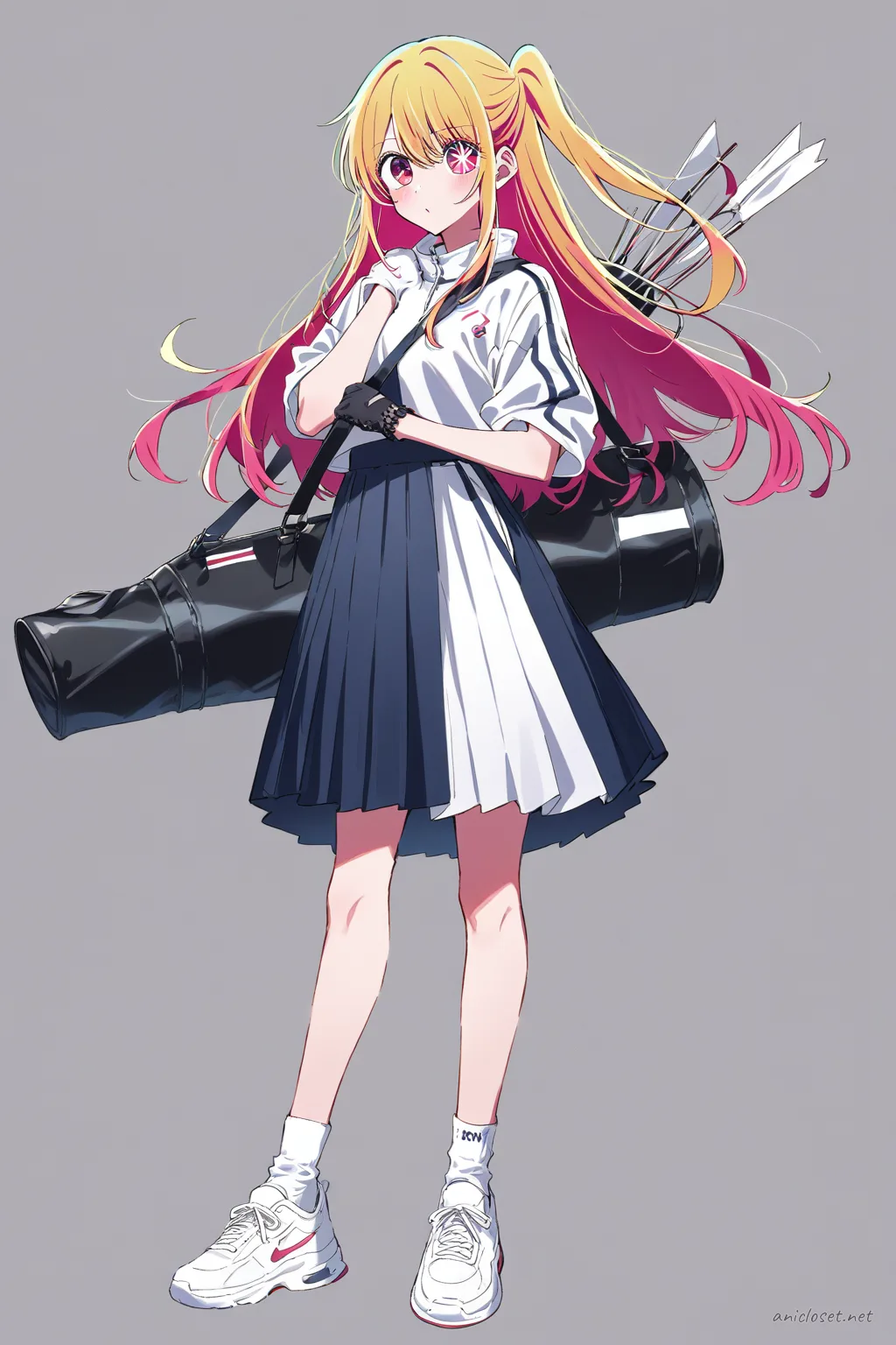 Full-body illustration of Ruby Hoshino in white short-sleeve athletic jacket, navy hakama-style pleated skirt, white kyudo glove, white tabi socks, and black indoor kyudo shoes, standing against a clean studio backdrop