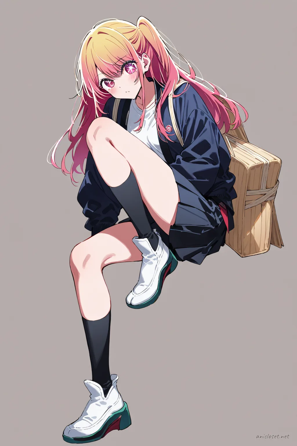 Full-body illustration of Ruby Hoshino wearing a keikogi-inspired jacket and short hakama skirt pants, standing with shinai bag and waraji sandals on clean studio background
