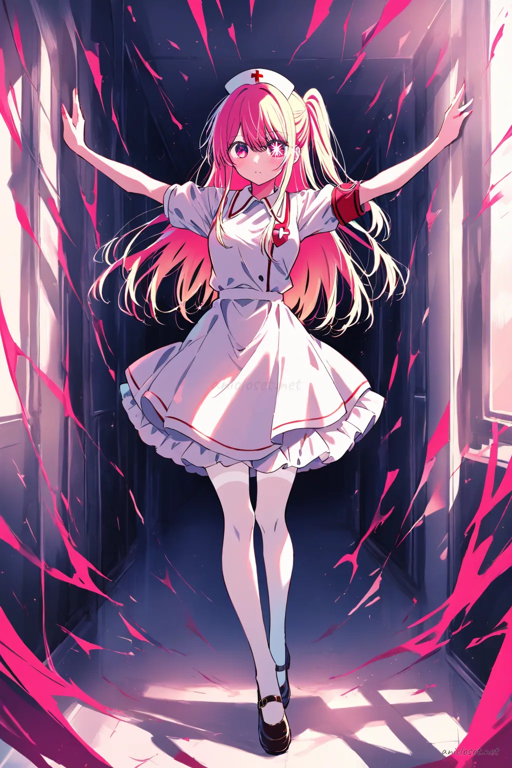 Full body illustration of Ruby Hoshino wearing a moe nurse uniform dress with a short hem, nurse cap, red cross armband, sheer white tights, and mary janes, standing with shoes visible