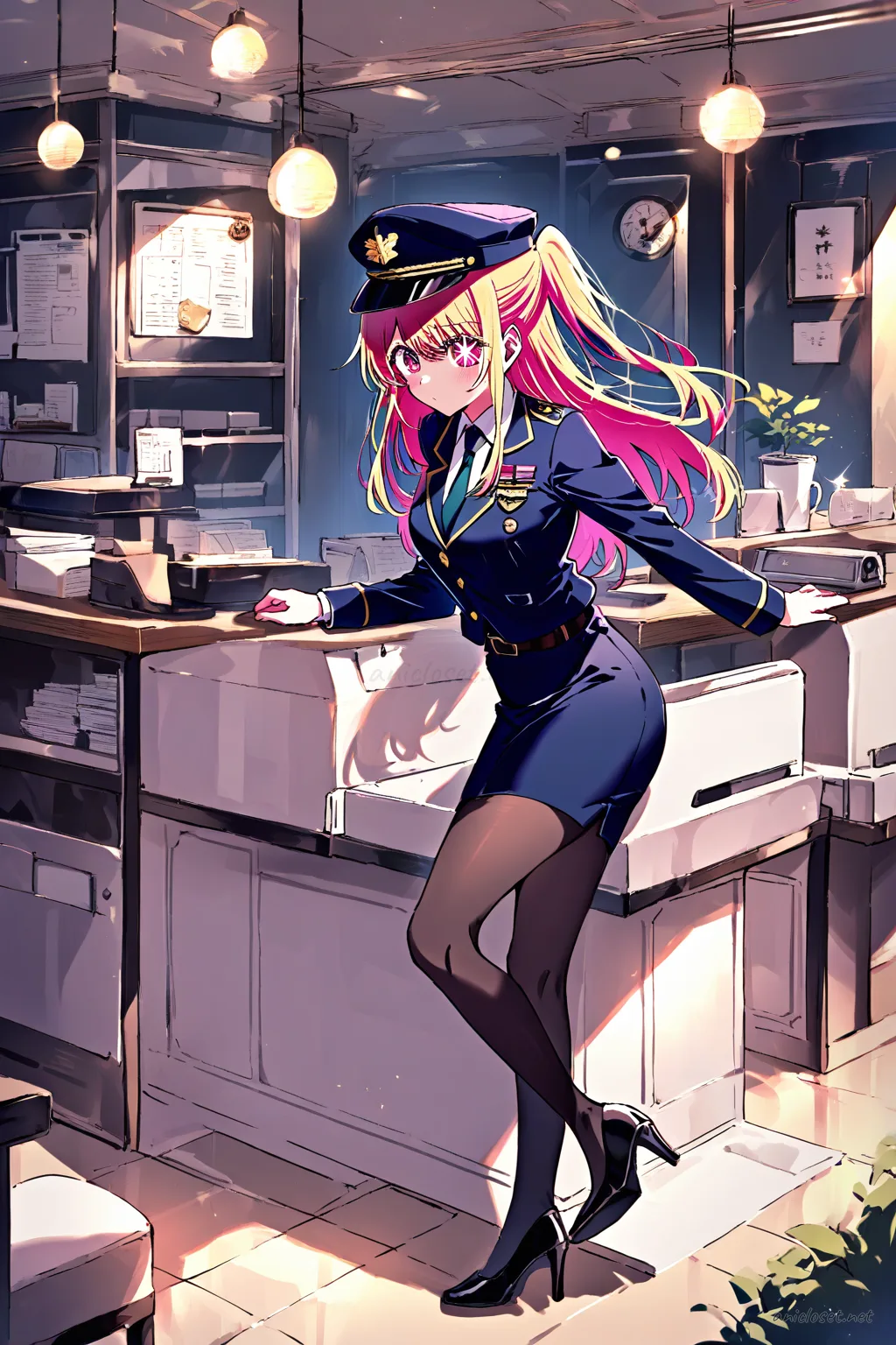 Illustration of Ruby Hoshino in Japanese koban patrol-officer uniform with navy jacket, peaked cap, and pencil skirt, front view cowboy shot