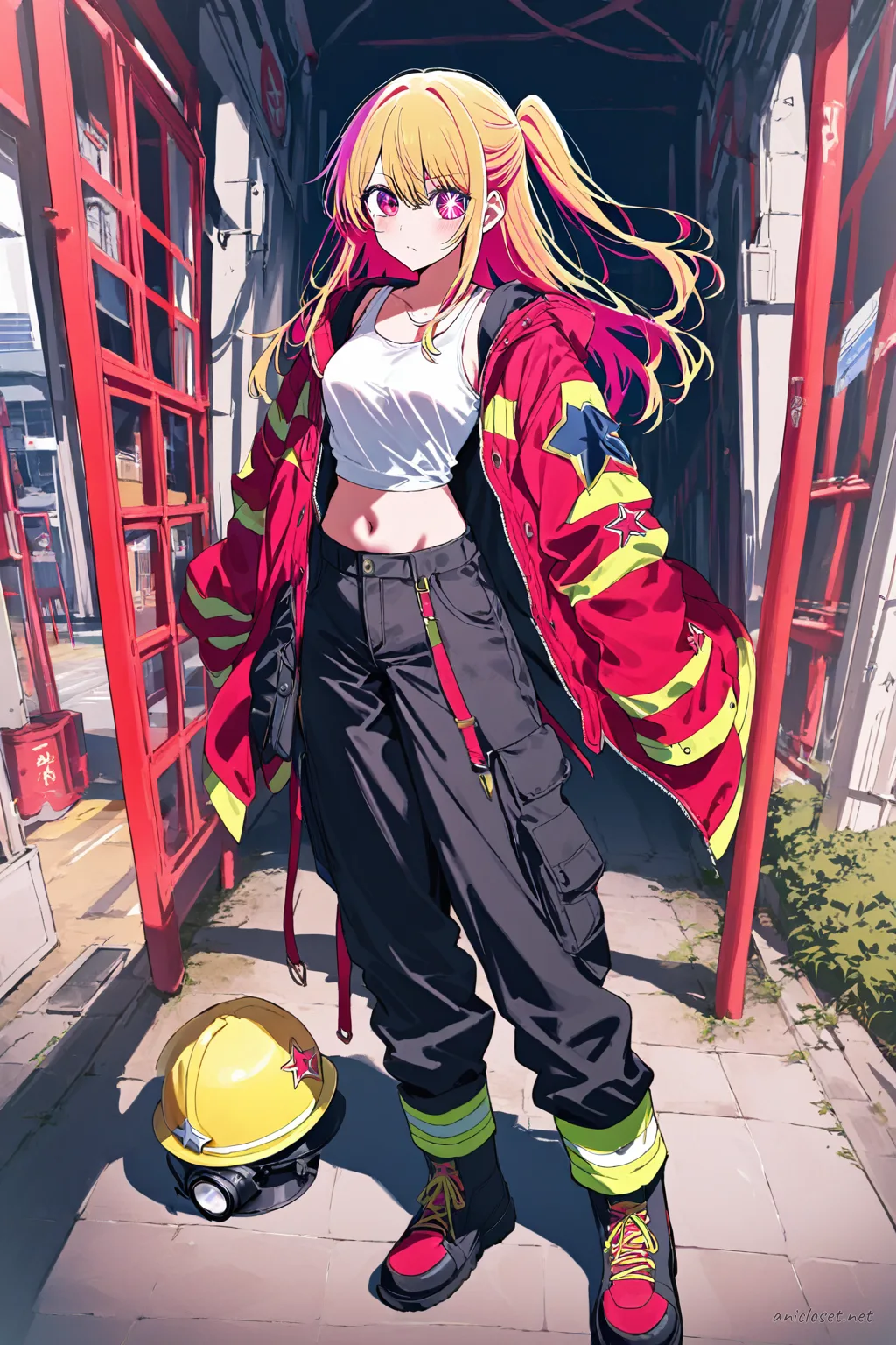 Illustration of Ruby Hoshino wearing an open firefighter turnout jacket over a fitted tank top, cargo shorts, firefighter boots, and holding a helmet under her arm