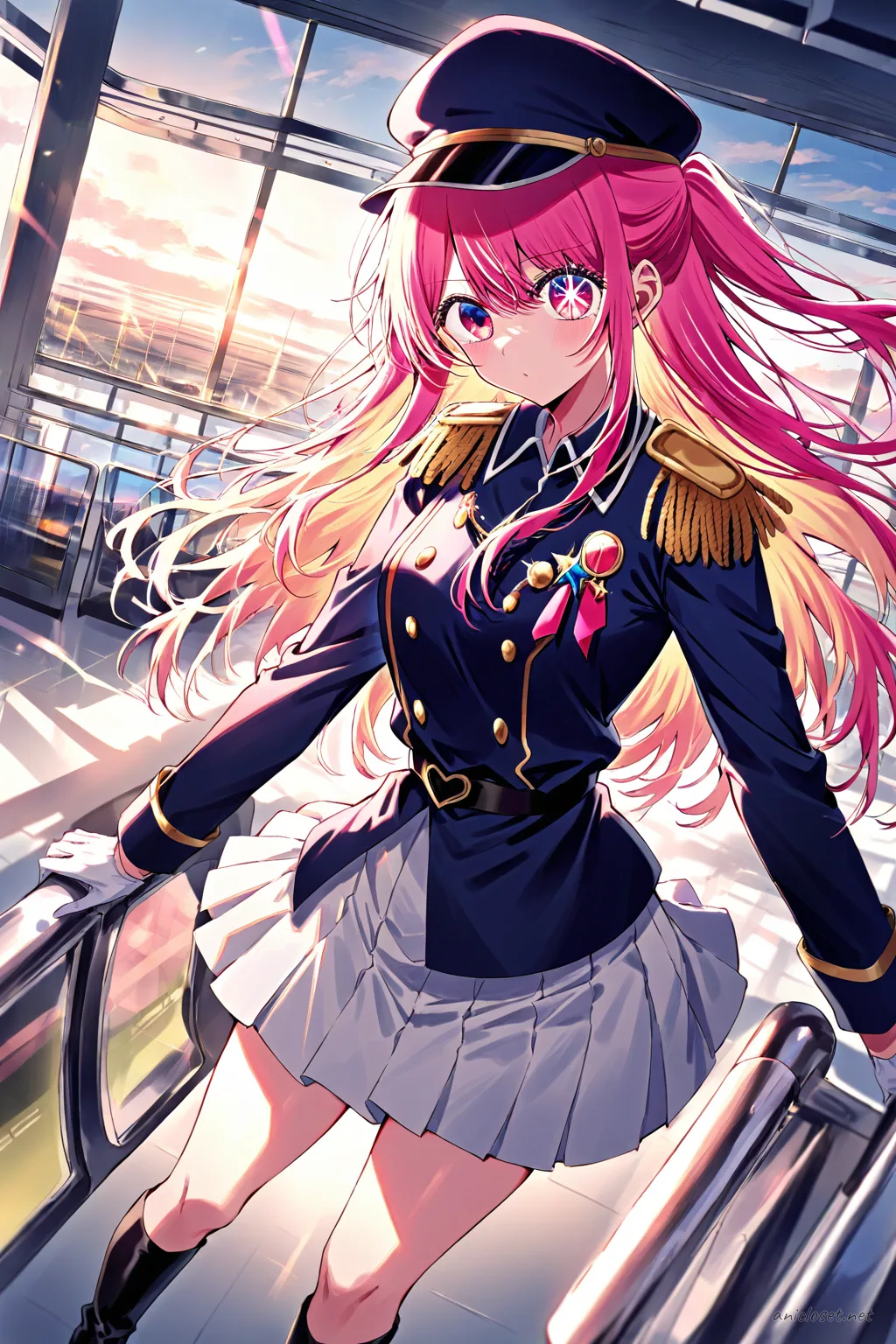 Ruby Hoshino in military-dress parade uniform with fitted jacket, pleated short skirt, peaked cap, white gloves, medals, and polished knee-high boots