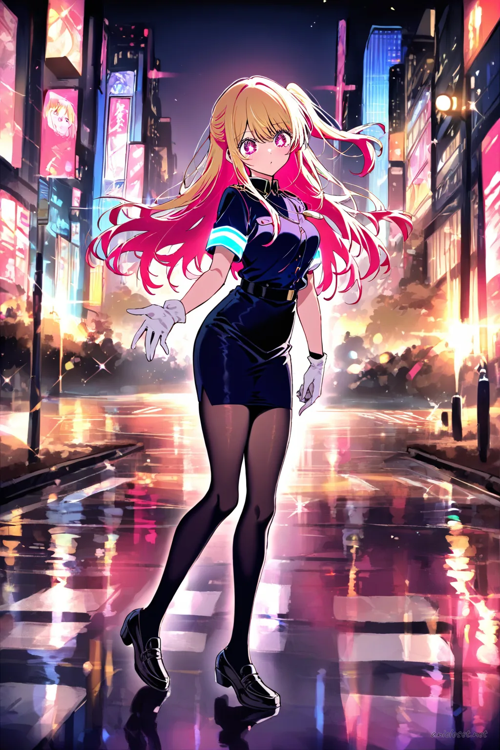 Full body illustration of Ruby Hoshino wearing navy short-sleeve traffic officer uniform with peaked cap, white gloves, pencil skirt, black tights, and black loafers, standing in a directing-traffic pose