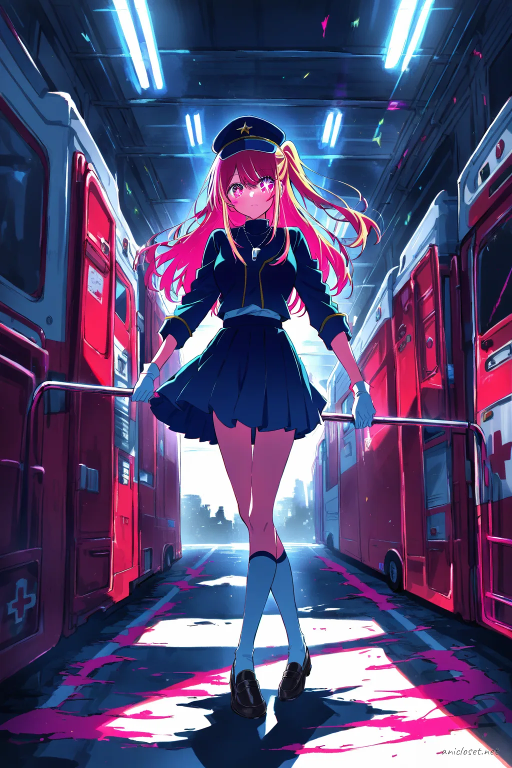 Illustration of Ruby Hoshino wearing a navy jacket, short pleated skirt, navy cap, white gloves, and whistle necklace