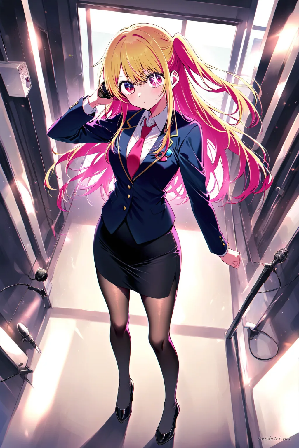 Illustration of Ruby Hoshino wearing navy tactical vest over fitted white shirt, slim cargo pants, holster belt, combat boots, holding helmet under arm