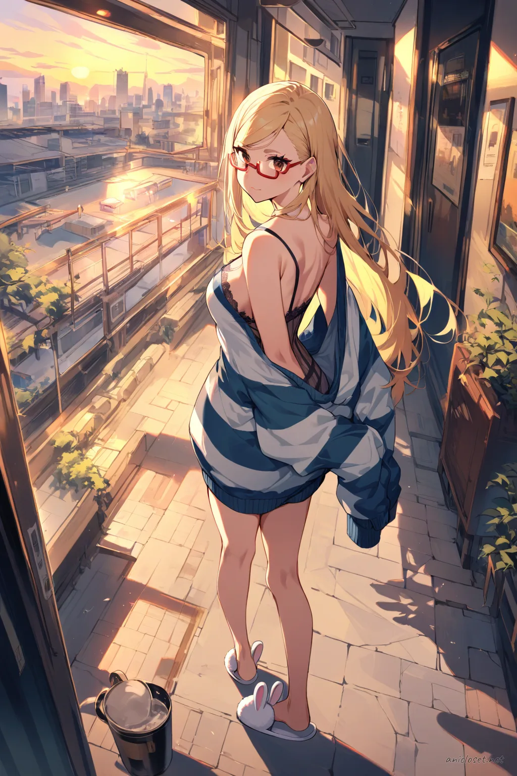 Seiko Ayase sitting sideways on a window seat wearing a chunky oversized cardigan over a lace camisole, soft striped pajama pants, and bunny slippers, holding a steaming mug in afternoon light