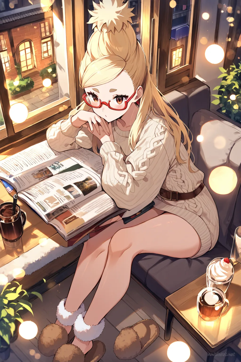 Seiko Ayase curling on sofa wearing cream knit sweater dress with brown belt, fuzzy knee socks, and beige house slippers, holding an open magazine with a throw blanket