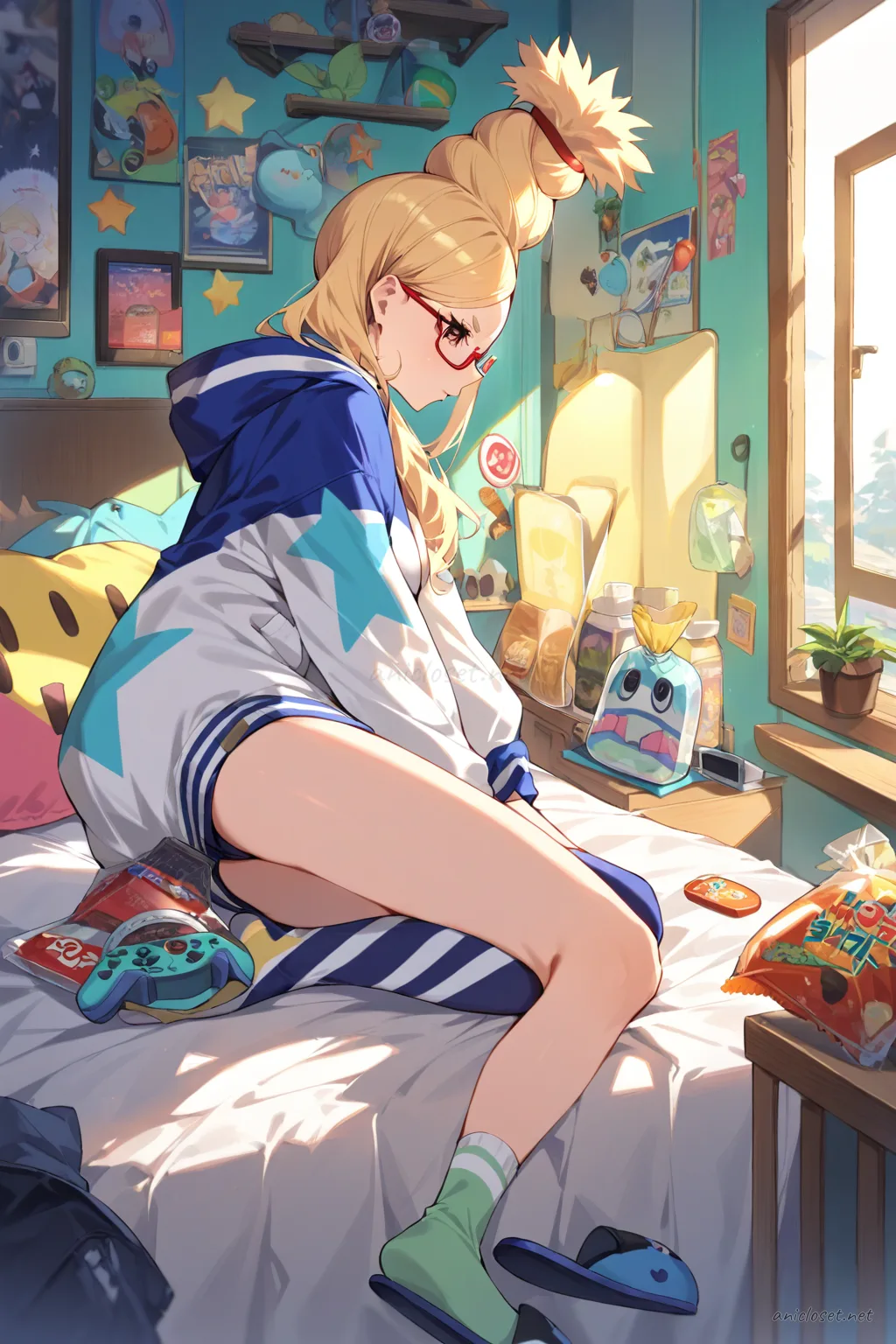 Full body profile of Seiko Ayase in pastel star print hoodie and white short shorts, wearing mismatched knee socks and slip-on slippers, seated on bedroom carpet holding game controller and snack bag