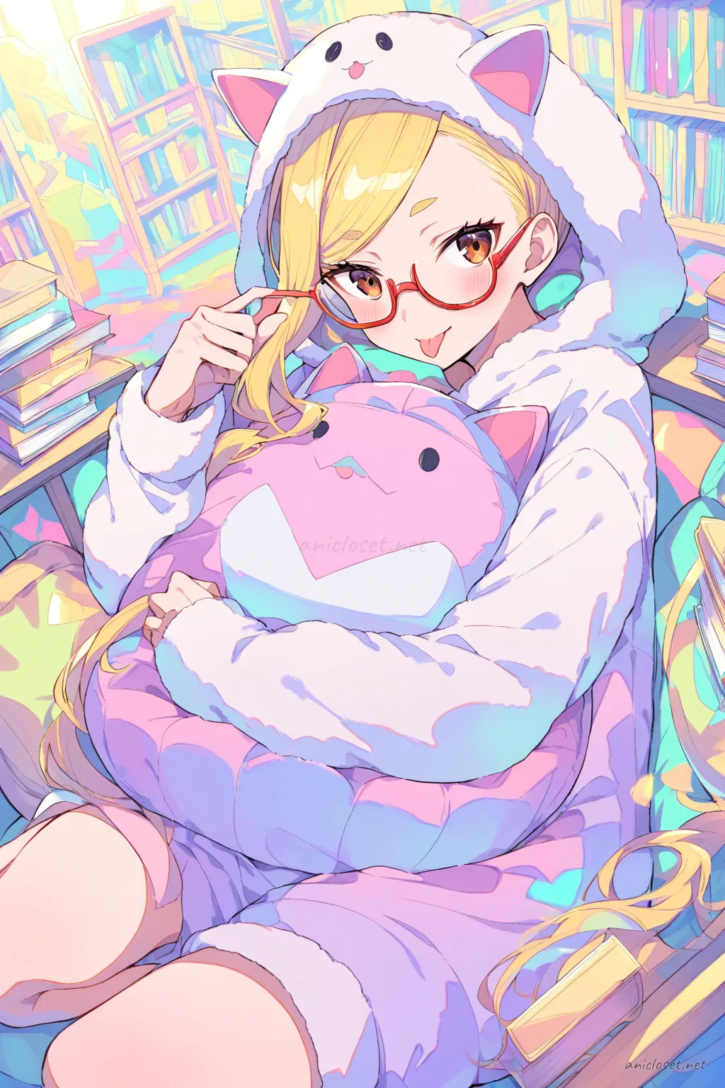 Seiko Ayase wearing a pastel one-piece animal kigurumi pajama with plush costume-ear hood and paw cuffs, hugging a matching plush on a beanbag in a softly lit room