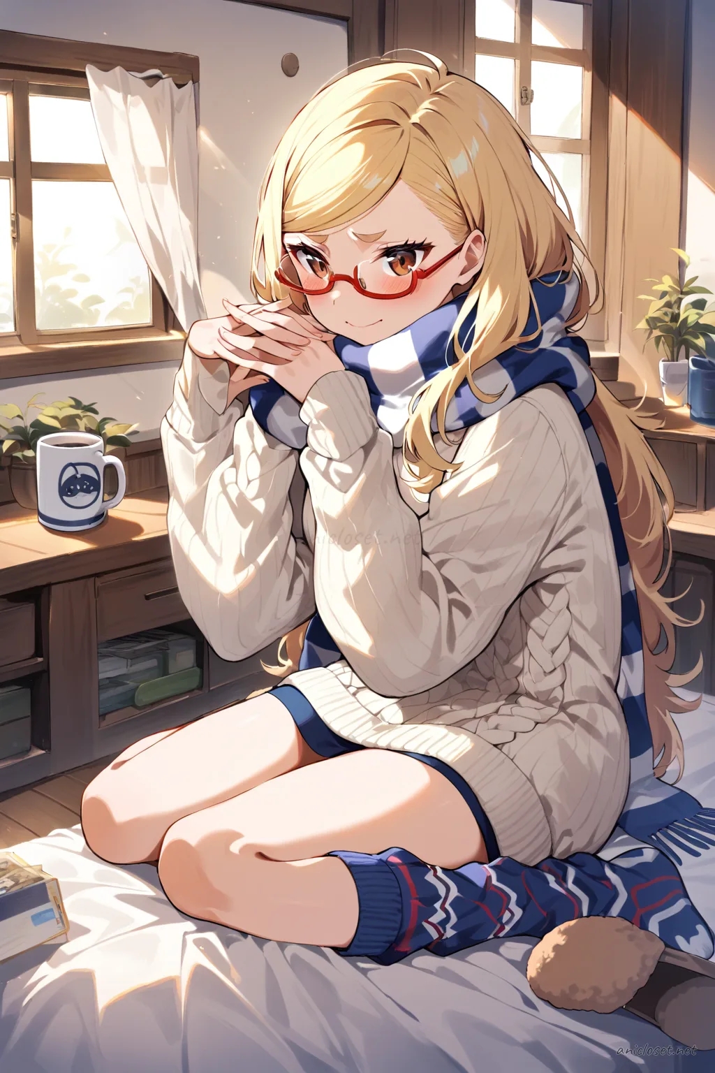 Seiko Ayase wearing a long knit tunic over patterned leggings with a chunky knit scarf, holding a ceramic mug, leaning on a balcony door with rain-streaked glass