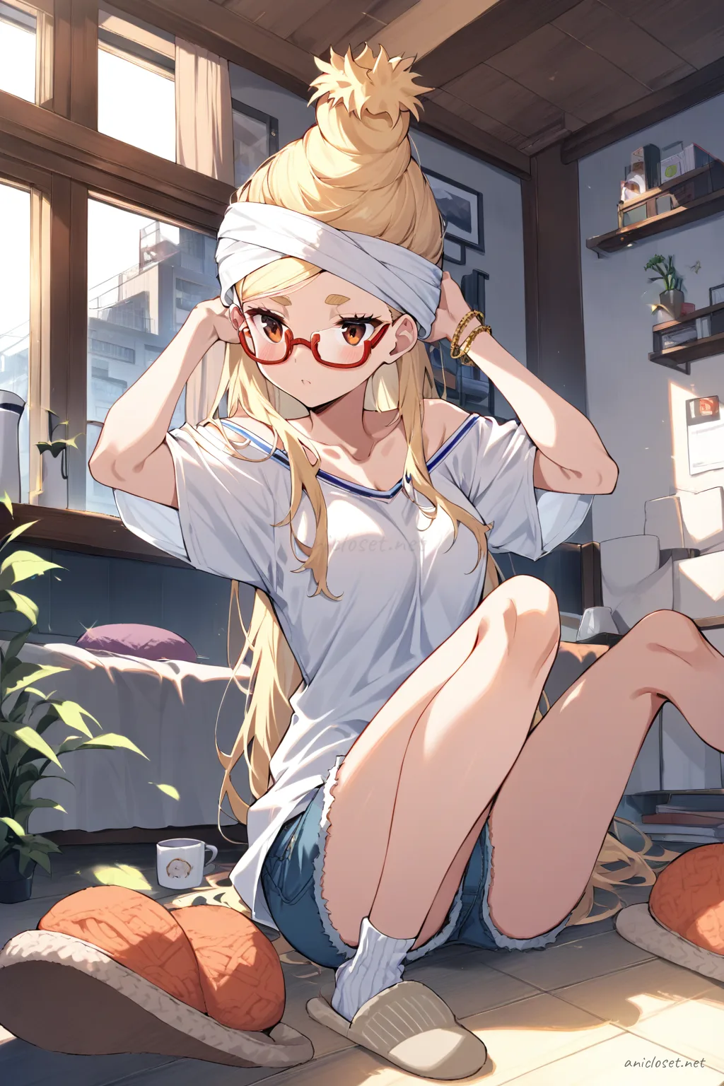 Seiko Ayase brushing hair at vanity mirror wearing oversized white button-up shirt, light denim cutoff shorts, and soft terry towel turban in morning light