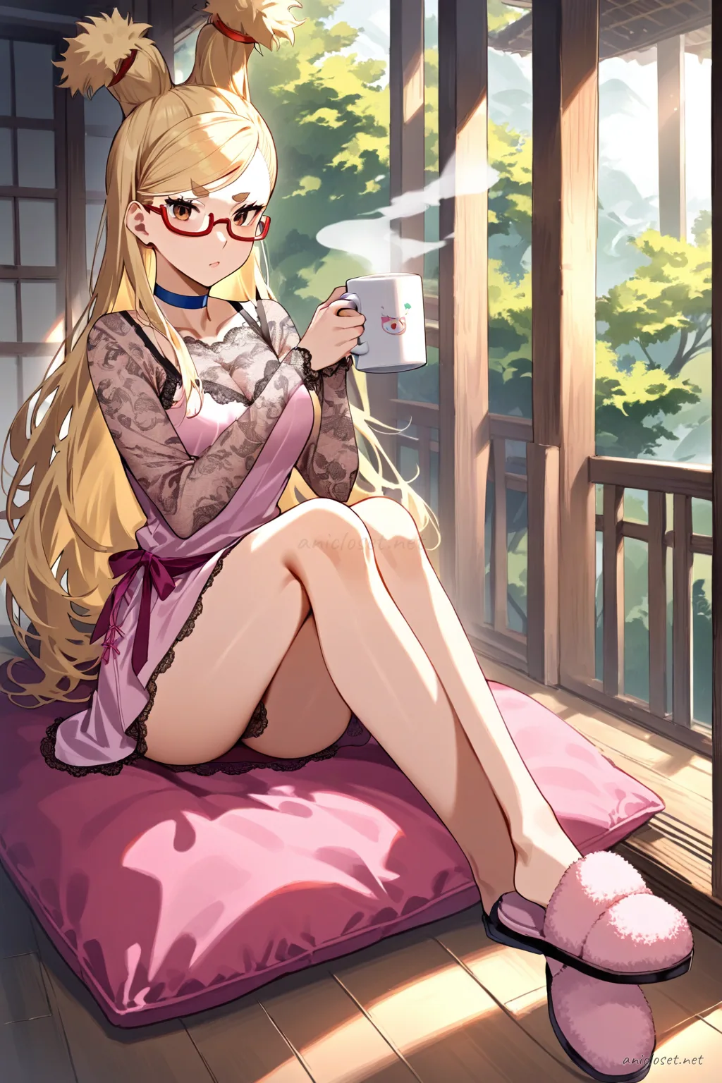 Full body three-quarter view of Seiko Ayase in a soft pink satin lounge dress with ribbon waist and lace hem, wearing fluffy pink slippers, holding a ceramic mug in a bedroom with hanging clothes and string lights