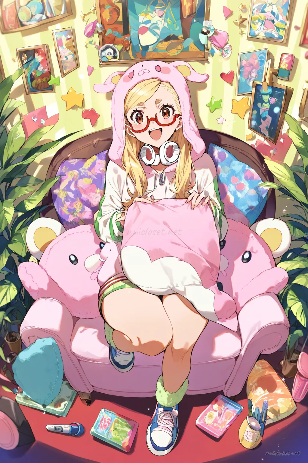 Full body front view of Seiko Ayase wearing pastel pink piggy pajama hoodie with plush ears, matching shorts, fuzzy socks, layered white thermal top, holding folded pastel blanket