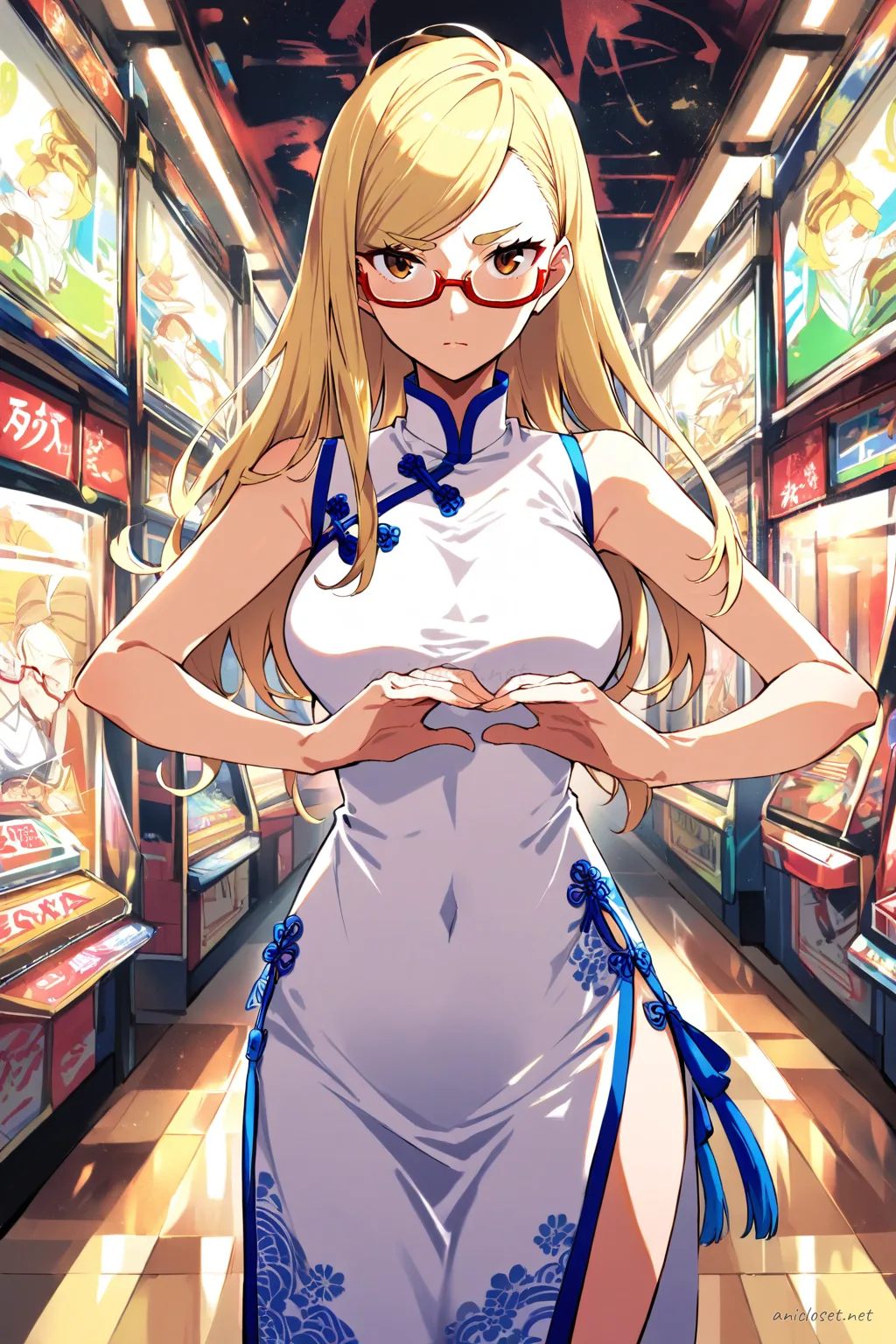 Illustration of Seiko Ayase in a white silk qipao with soft lace trim and delicate frog buttons, front view cowboy shot