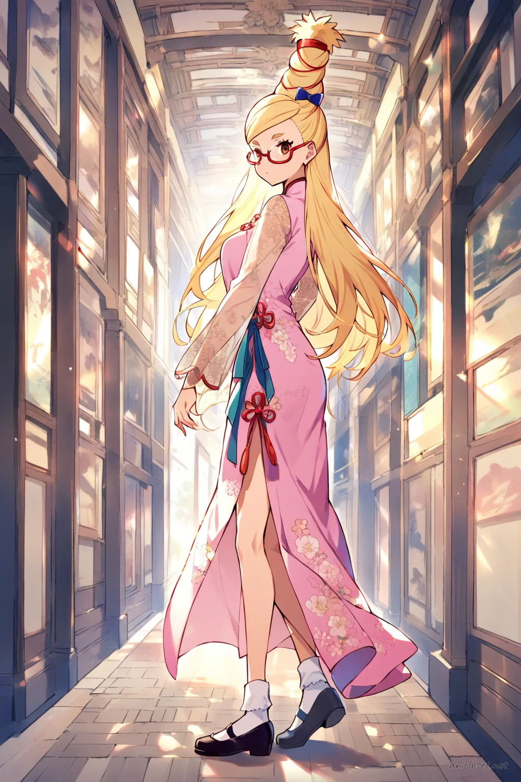 Full body profile of Seiko Ayase wearing pastel pink qipao with floral embroidery, sheer lace sleeves, side slit, ribbon hair accessory, and mary janes