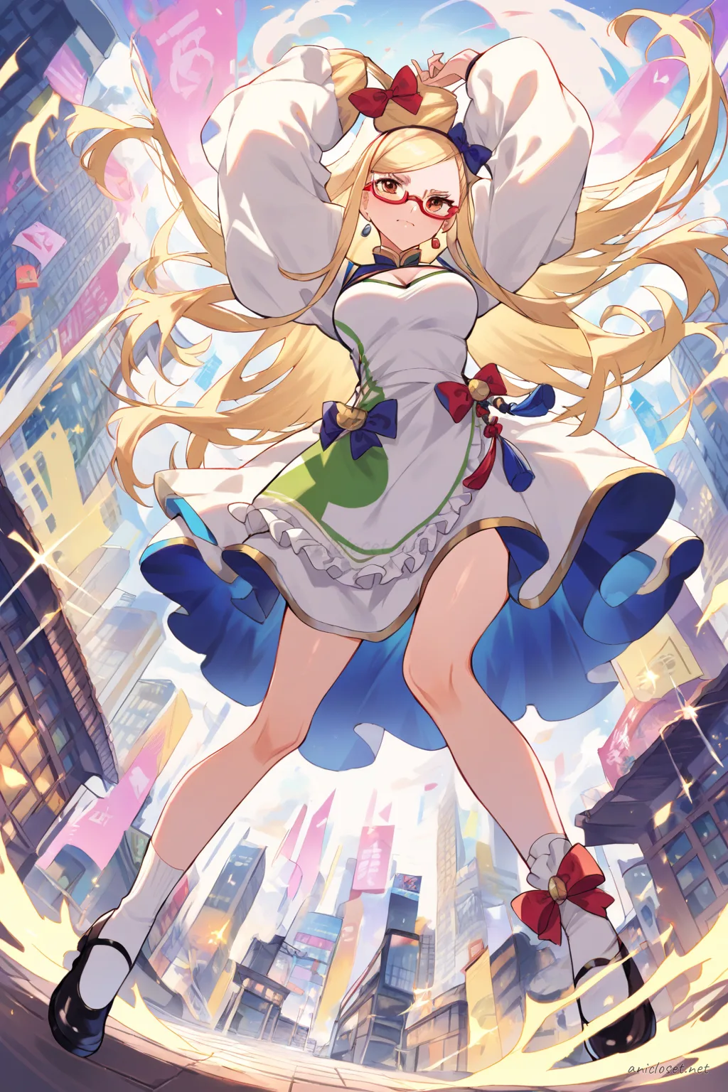 Full body illustration of Seiko Ayase in short qipao with white frilled apron, puff sleeves, knee-length dress, mary jane shoes, and ankle socks