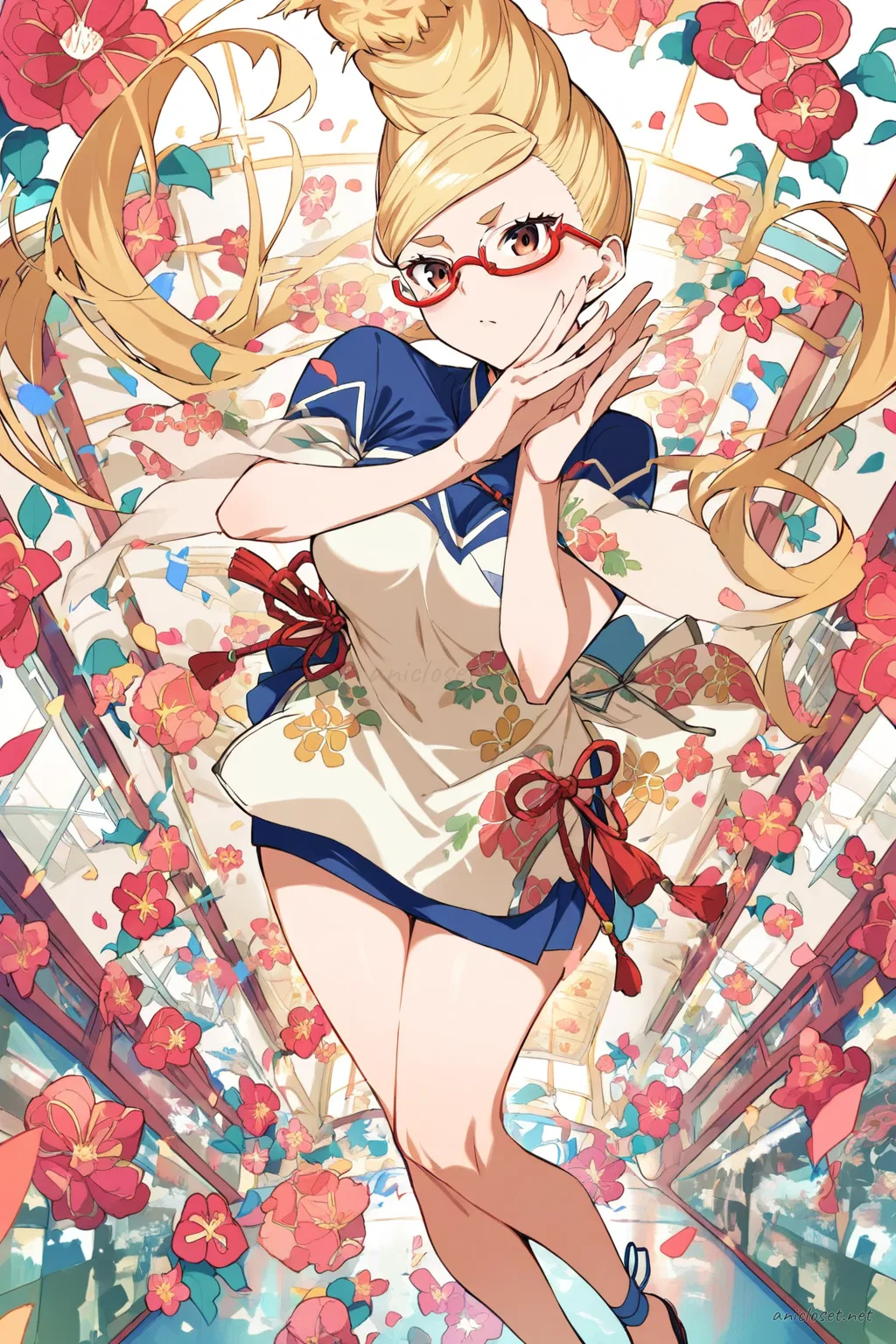 Illustration of Seiko Ayase wearing a short-sleeve floral qipao with airy hem and ankle-strap sandals