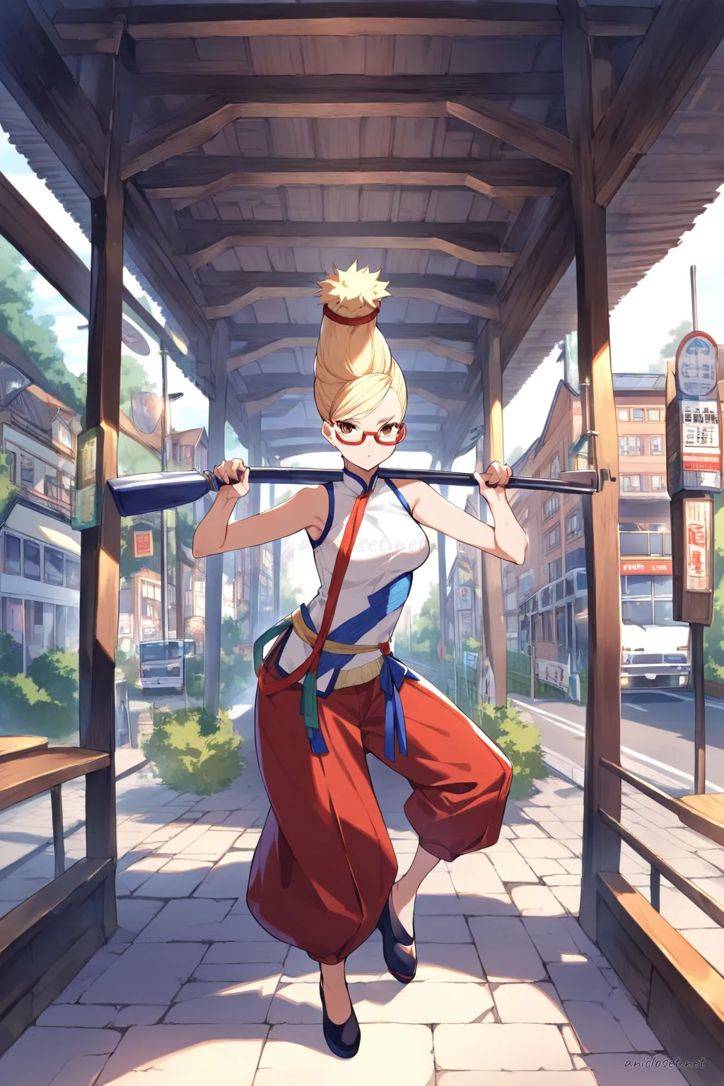 Illustration of Seiko Ayase wearing a sleeveless qipao top with wide leg trousers and ribbon sash belt