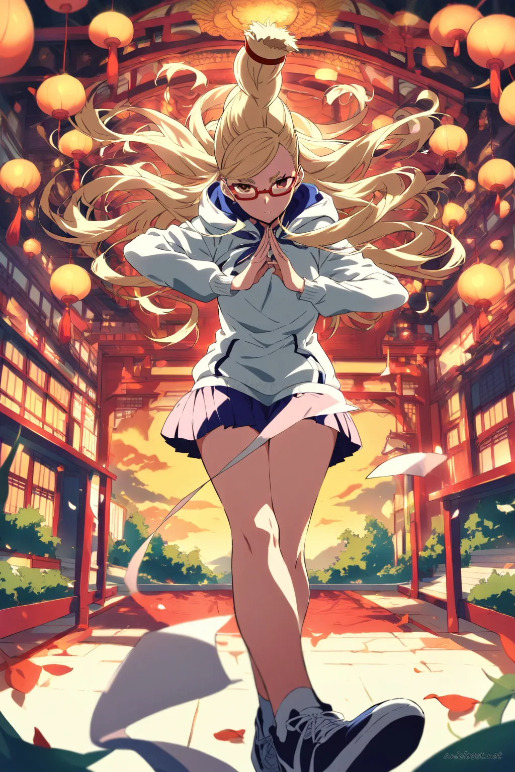 Illustration of Seiko Ayase wearing a fitted qipao dress layered with a street hoodie and sneakers