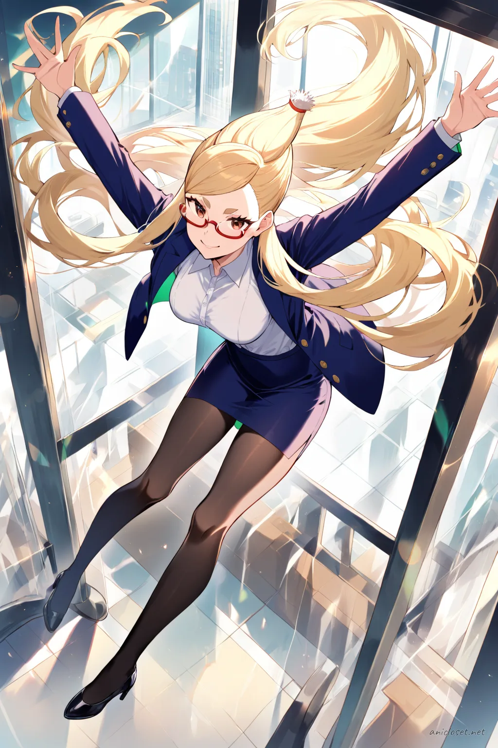 Seiko Ayase in navy pencil skirt suit and fitted blazer standing by glass office window with city view