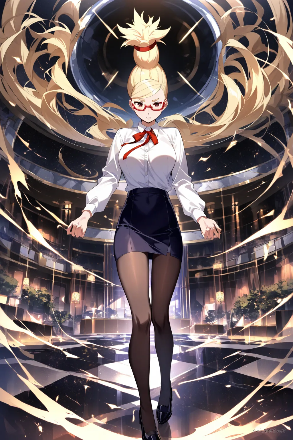 Illustration of Seiko Ayase in a black slim pencil skirt, white blouse with ribbon tie, sheer black tights, and black pumps, crossing arms in a modern lobby