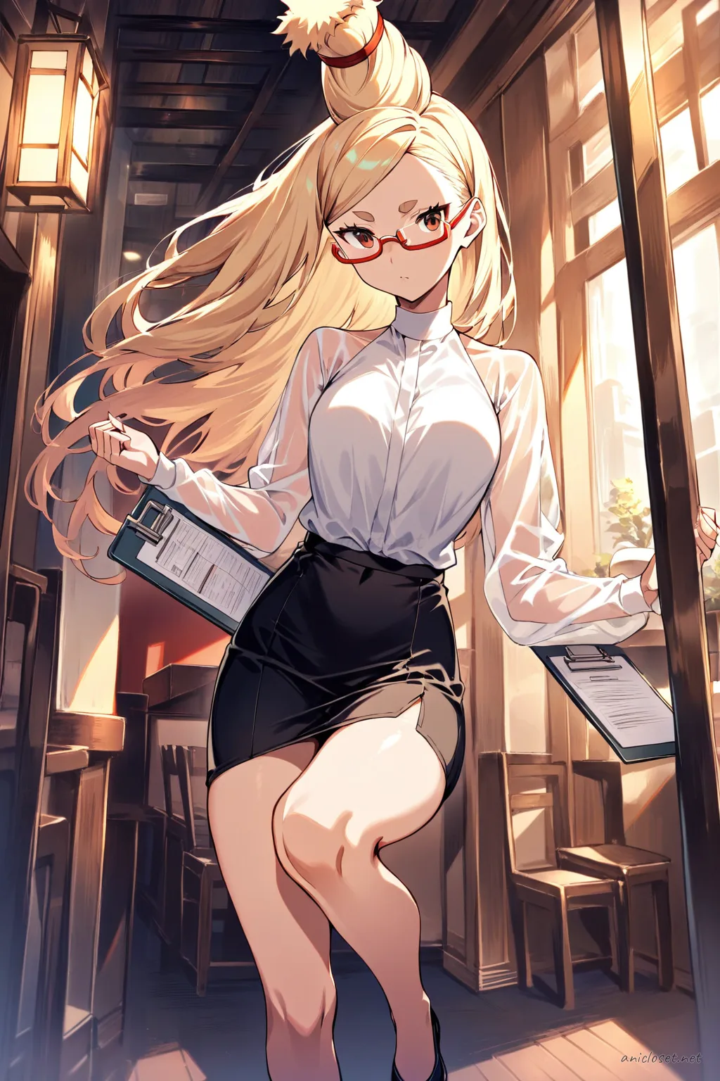 Seiko Ayase in white blouse with sheer sleeves and black midi pencil skirt holding clipboard, cowboy shot from front