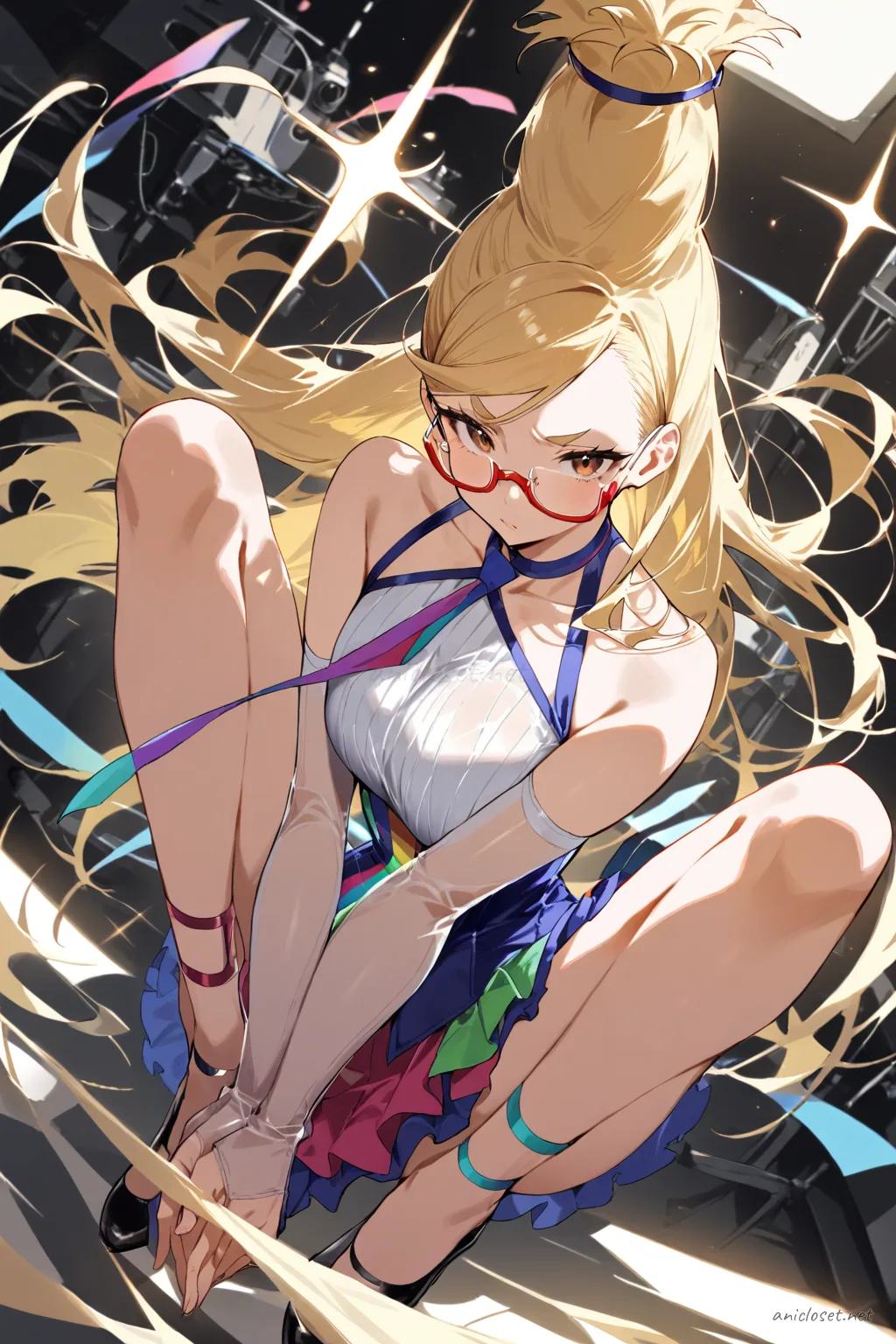 Illustration of Seiko Ayase wearing an award-show idol mini dress with sparkle bodice, short layered skirt, sheer gloves, and ankle strap heels