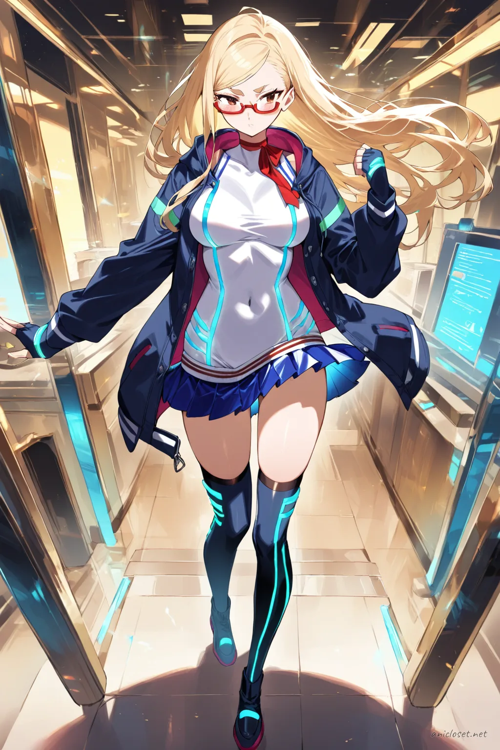 Full body illustration of Seiko Ayase in a futuristic idol costume with glossy panels, ribbon choker, fingerless gloves, and thigh-high boots, standing with shoes visible
