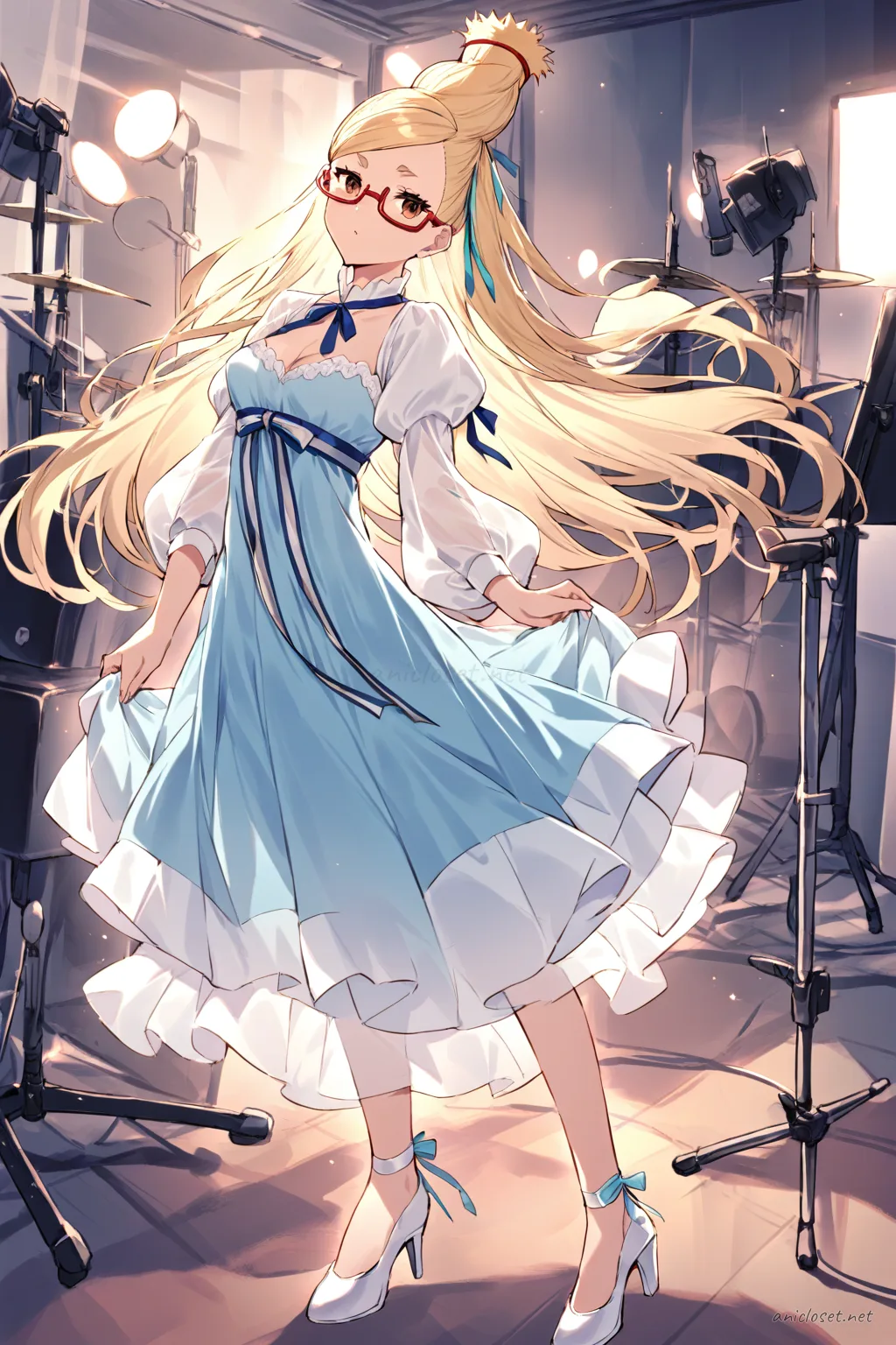 Full body illustration of Seiko Ayase standing in a pastel blue midi dress with puff sleeves, layered skirt, satin ribbon belt, hair ribbons, and white ankle strap heels
