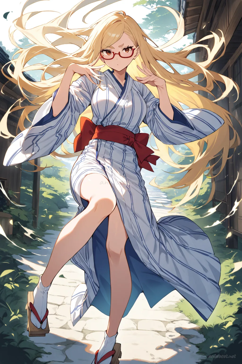 Illustration of Seiko Ayase in a summer yukata with simple stripe pattern, obi belt, and geta sandals