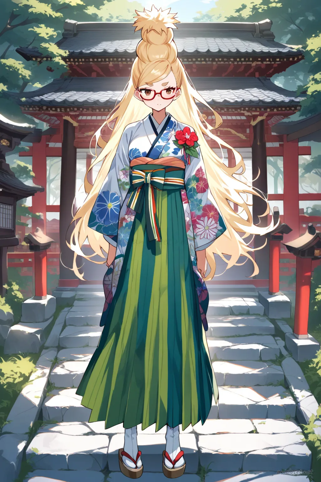 Full body front illustration of Seiko Ayase wearing a colorful graduation hakama over a floral kimono, with flower corsage, tabi socks, and zori sandals