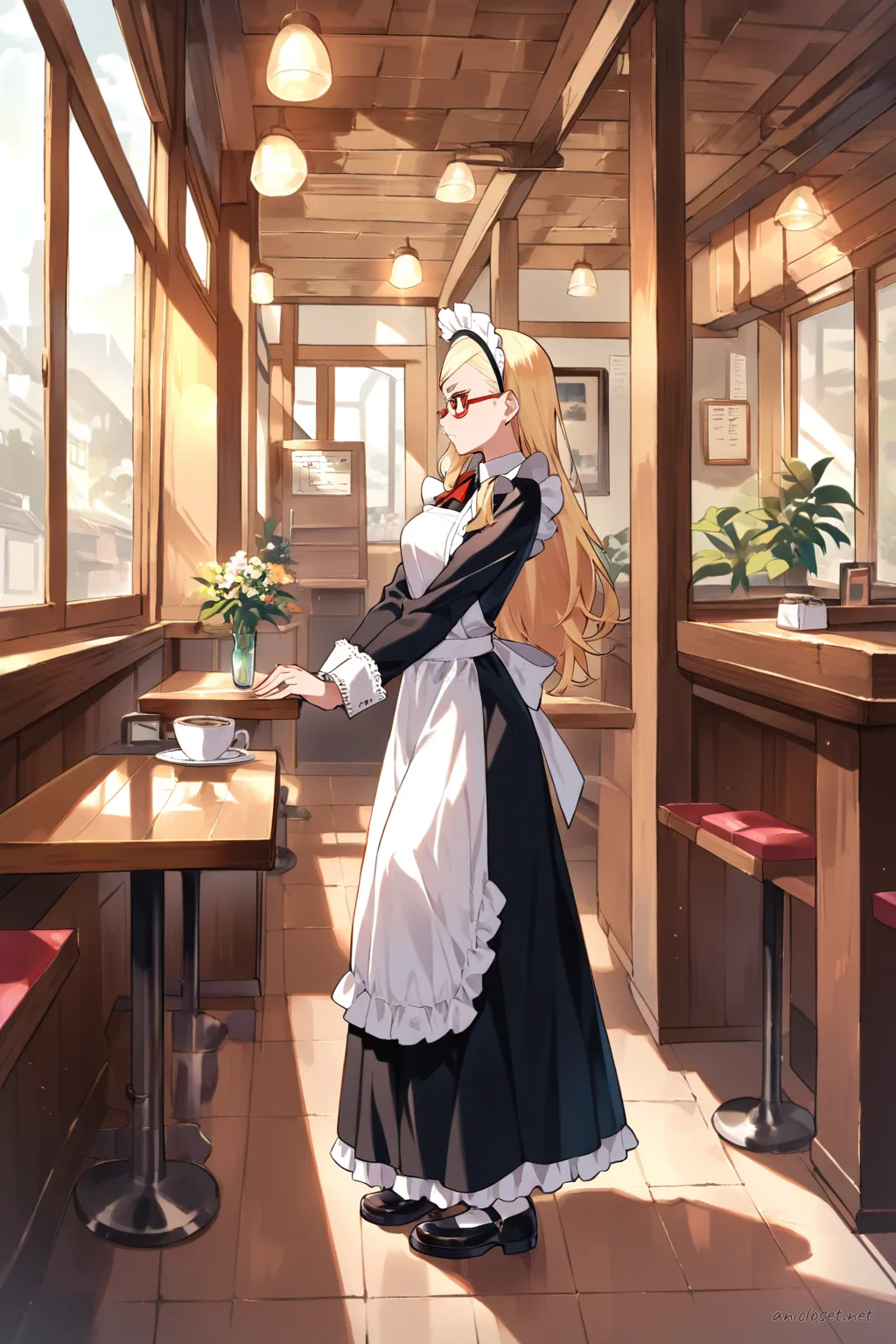 Full body profile of Seiko Ayase wearing a black long sleeve Victorian maid dress with white frilled apron, lace cuffs, maid headdress, and black Mary Janes