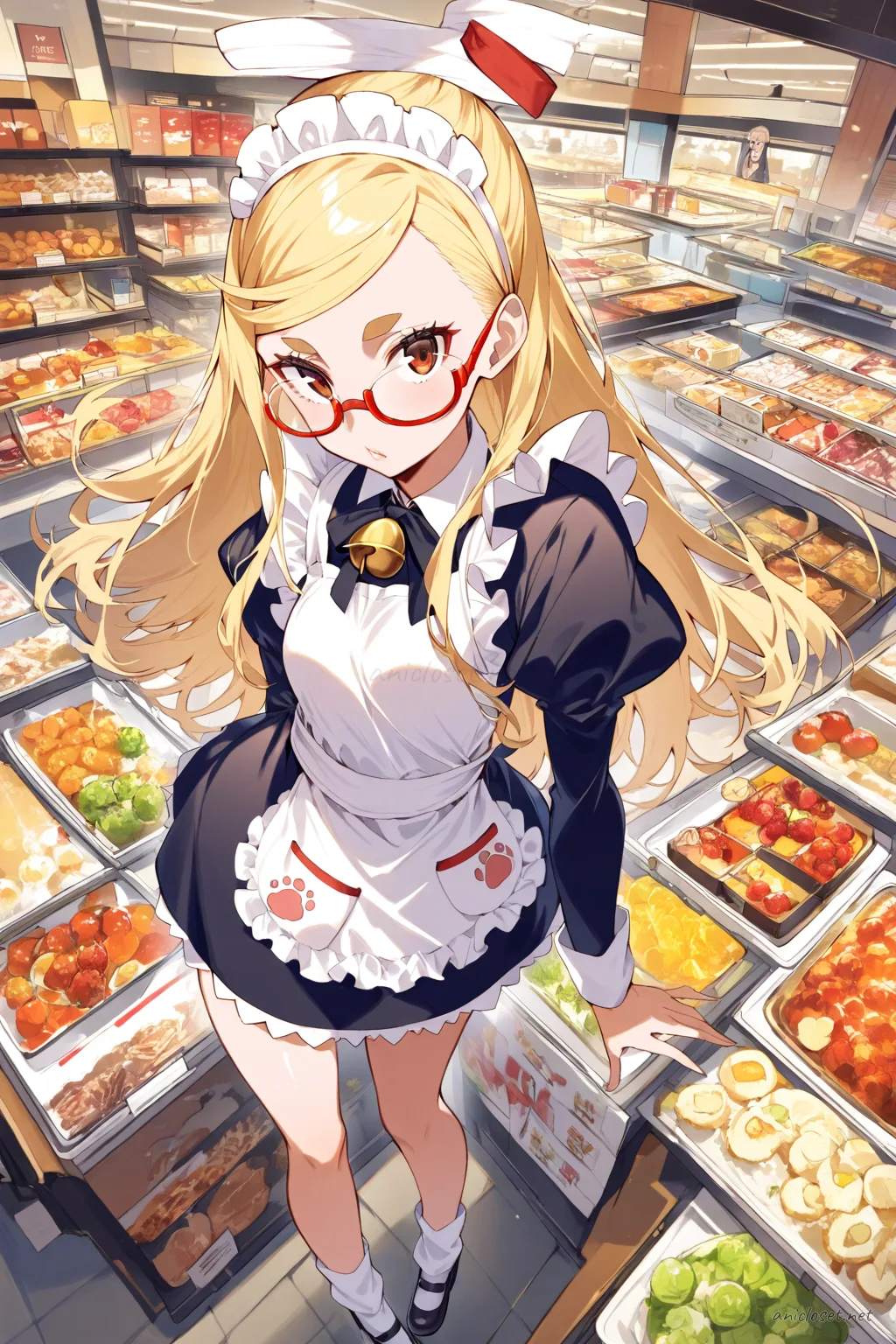 Illustration of Seiko Ayase wearing a cat-motif maid dress with paw-print apron pockets and bell ribbon choker