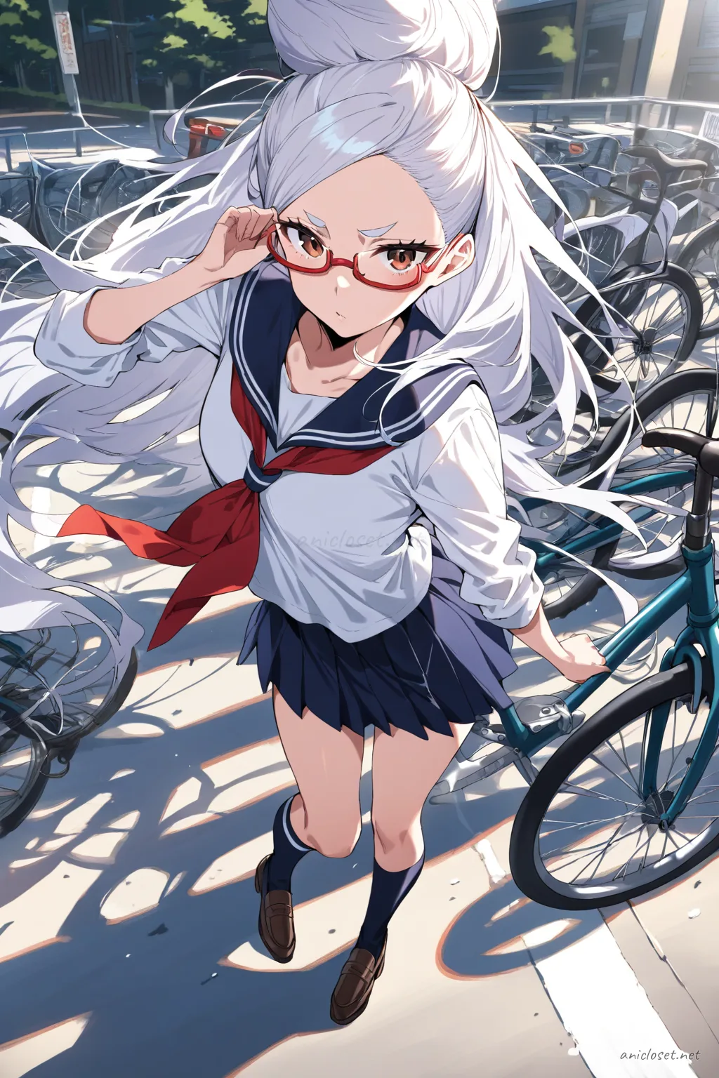 Full-body illustration of Seiko Ayase in navy sailor fuku with red neckerchief and pleated skirt, standing pose with shoes visible on clean backdrop