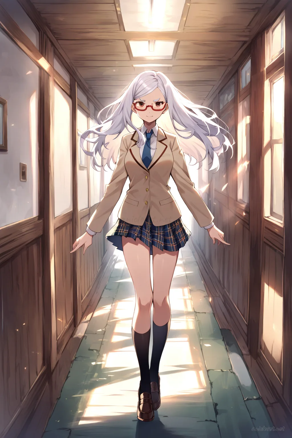 Full body front view illustration of Seiko Ayase in beige blazer school uniform with necktie, plaid pleated skirt, black thighhigh socks, and loafers